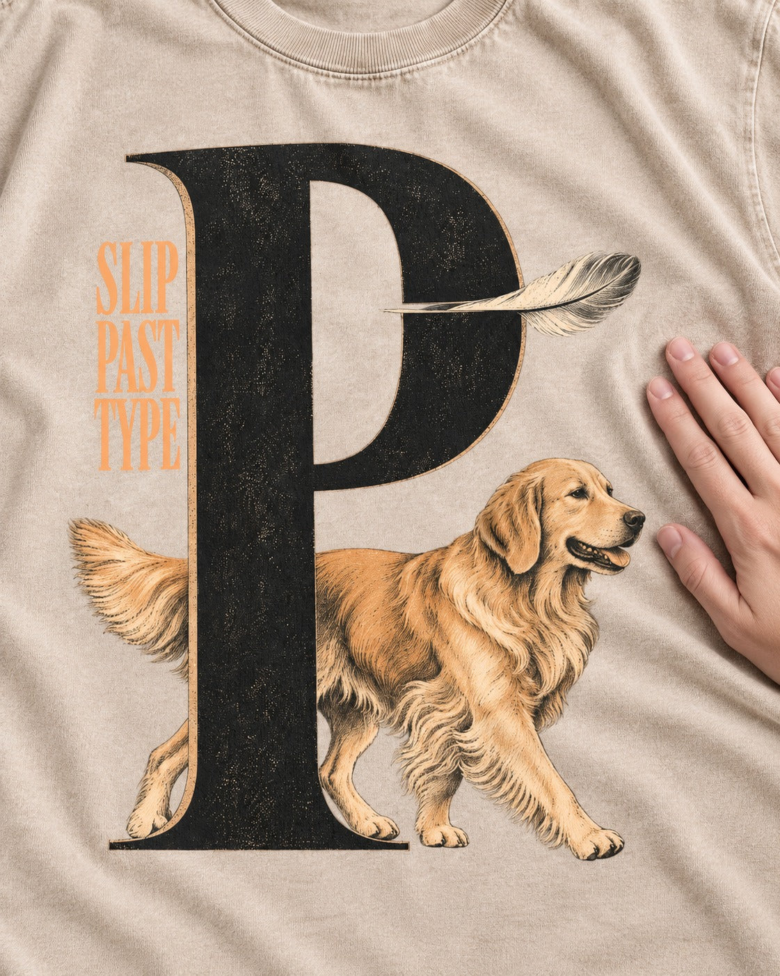 Golden Retriever Slip Past Type Washed Tee in Apricot, close-up of the graphic