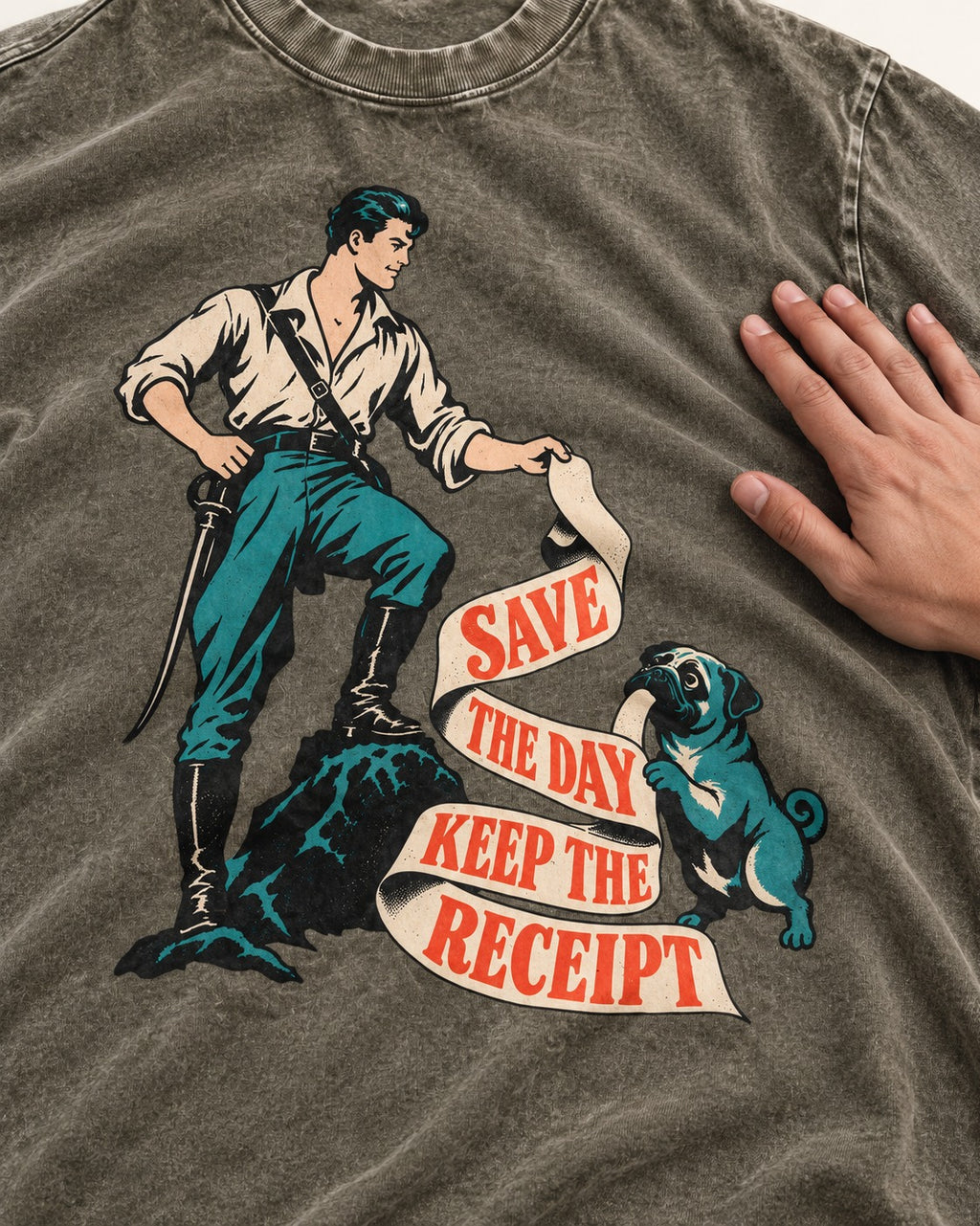 Pug Save the Day Keep the Receipt Hero Graphic Washed Tee in Army Green, close-up of the graphic