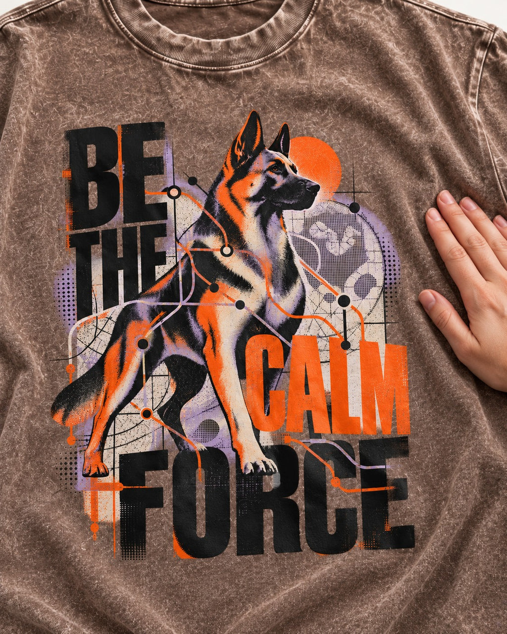 Be the Calm Force German Shepherd Dog Washed Tee in Coffee, close-up of the graphic
