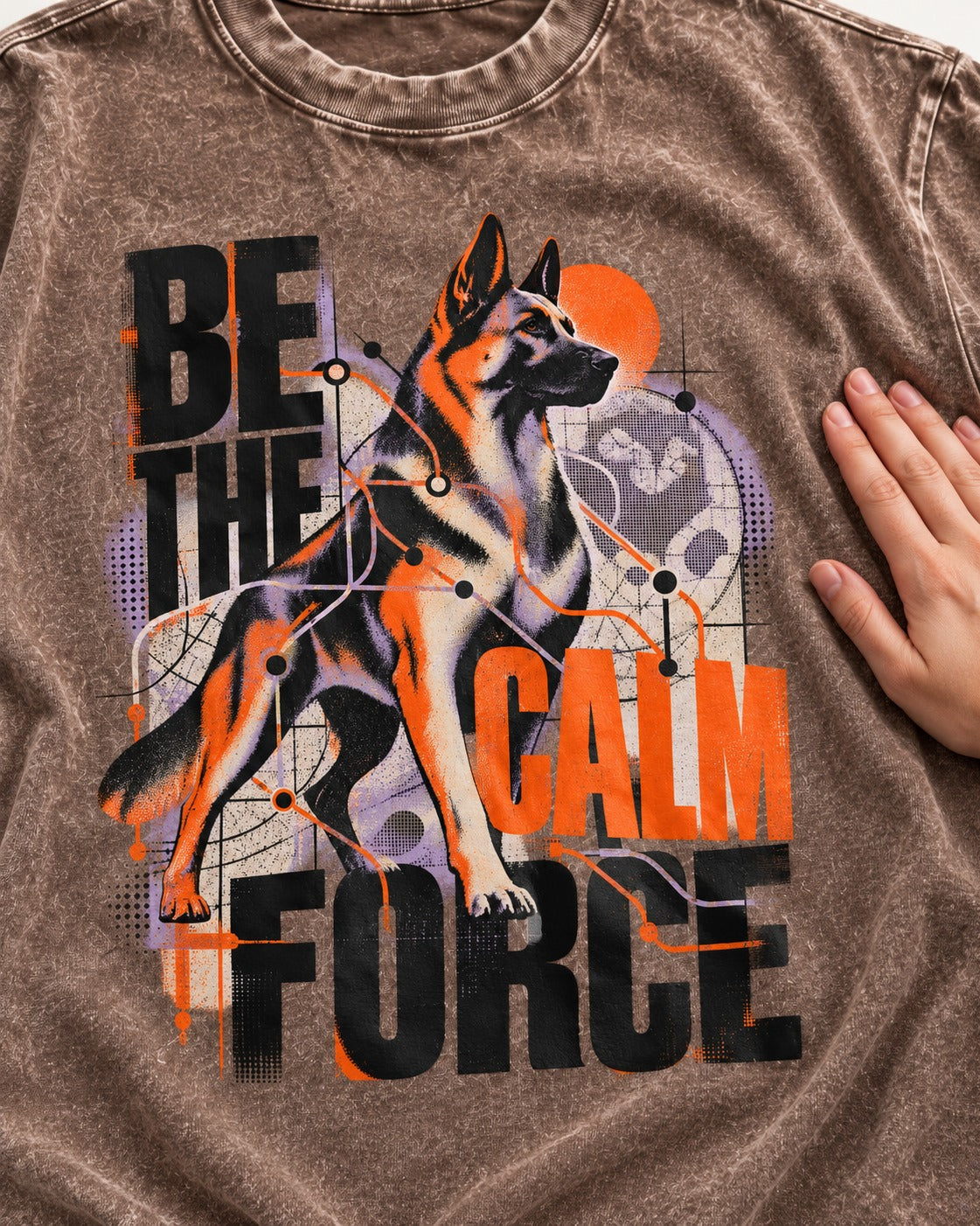 Be the Calm Force German Shepherd Dog Washed Tee in Coffee, close-up of the graphic