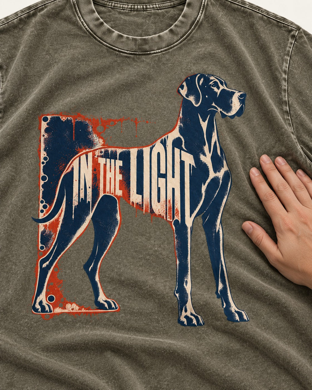 Great Dane In the Light Industrial Frame Graphic Washed Tee in Army Green, close-up of the graphic