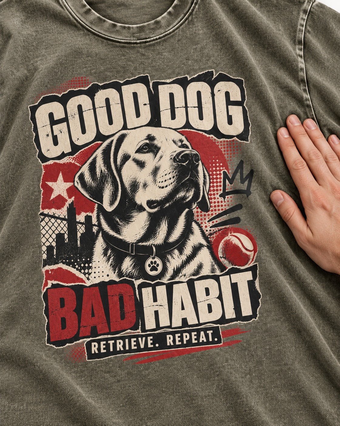 Labrador Retriever Good Dog Bad Habit Poster Graphic Washed Tee in Army Green, close-up of the graphic