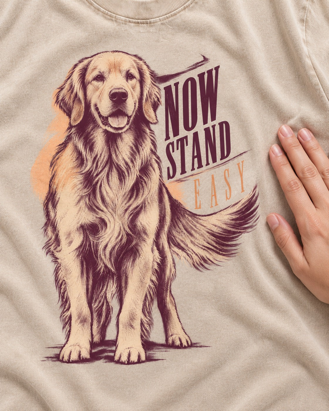 Now Stand Easy Golden Retriever Washed Tee in Apricot, close-up of the graphic
