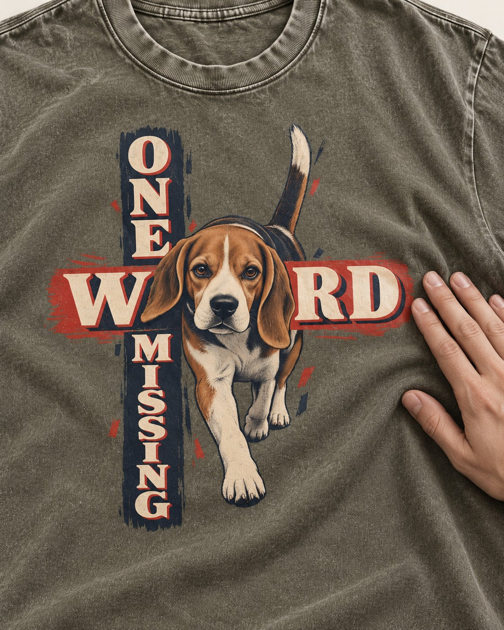 Beagle One Word Missing Washed Tee in Army Green, close-up of the graphic