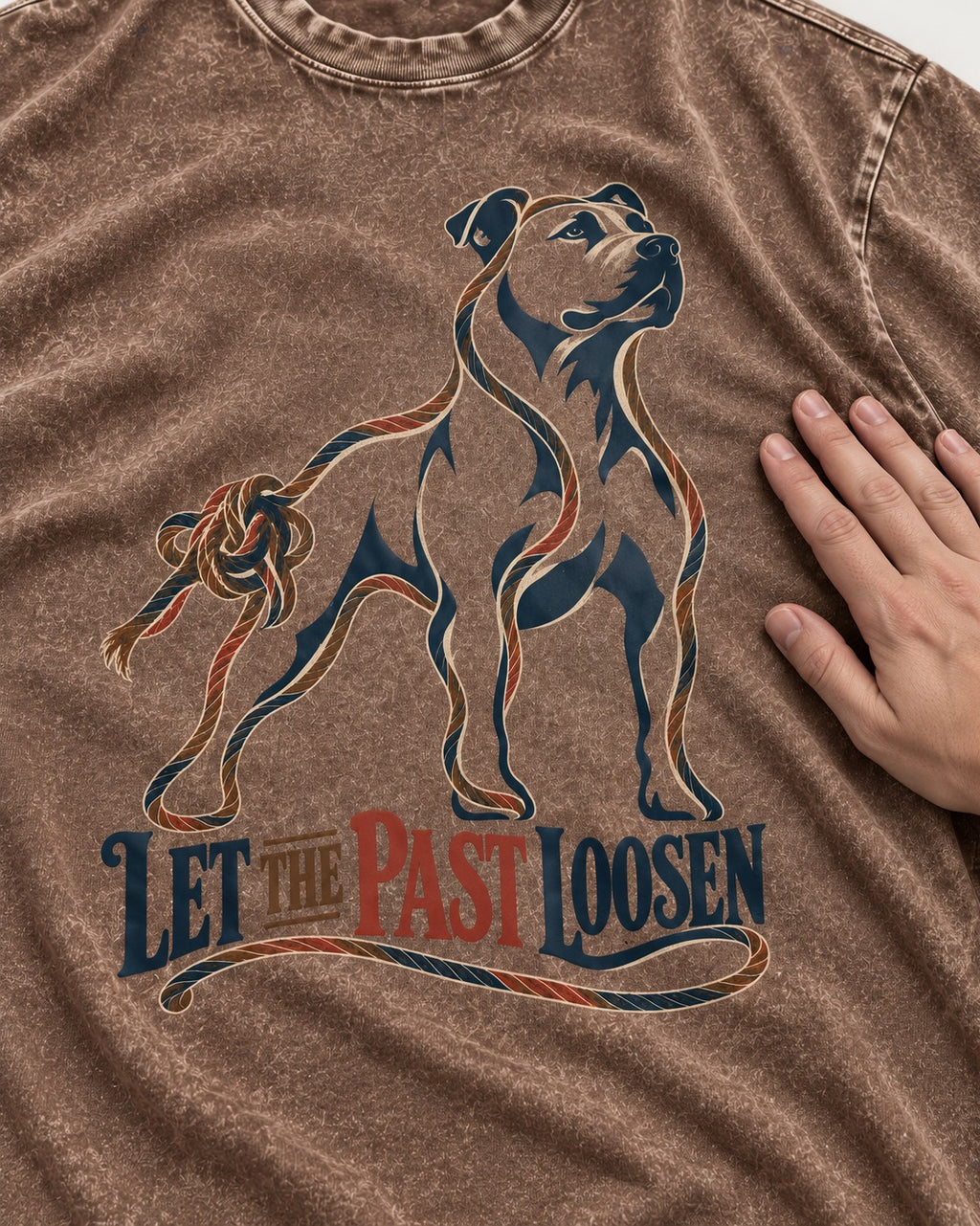 Pitbull Let the Past Loosen Washed Tee in Coffee, close-up of the graphic