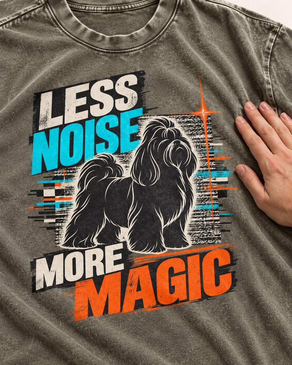 Shih Tzu Less Noise More Magic Pop Art Graphic Washed Tee in Army Green, close-up of the graphic
