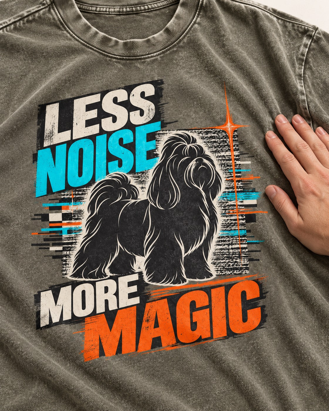 Shih Tzu Less Noise More Magic Pop Art Graphic Washed Tee in Army Green, close-up of the graphic