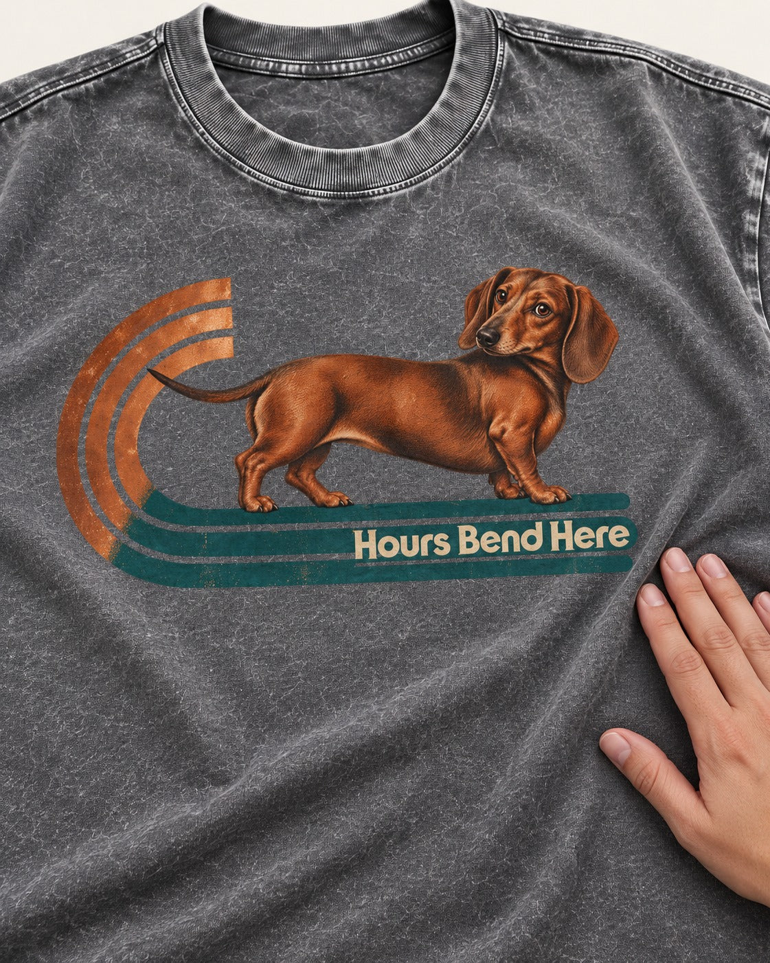 Dachshund Hours Bend Here Retro Track Graphic Washed Tee in Gray, close-up of the graphic