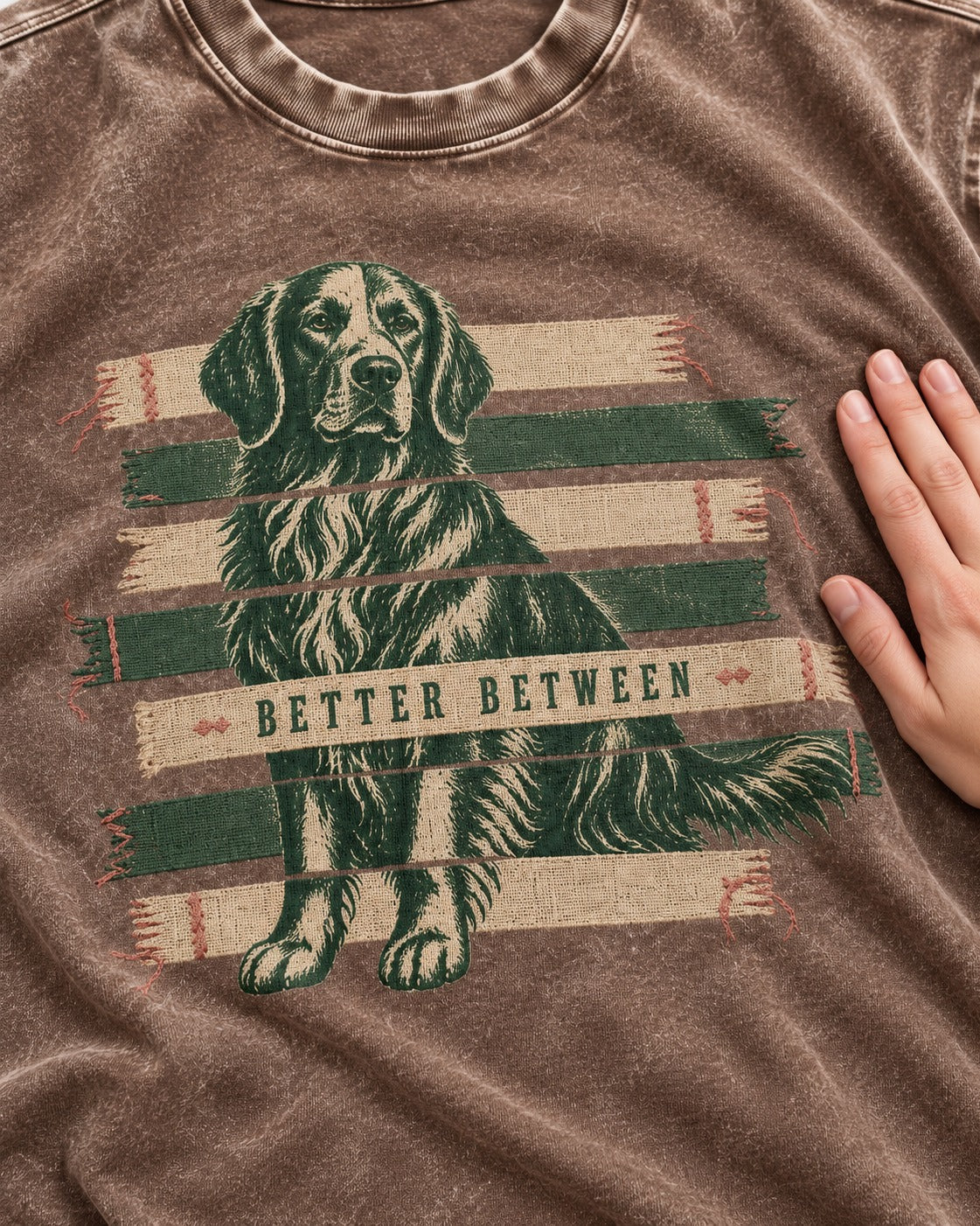Golden Retriever Better Between Washed Tee in Coffee, close-up of the graphic