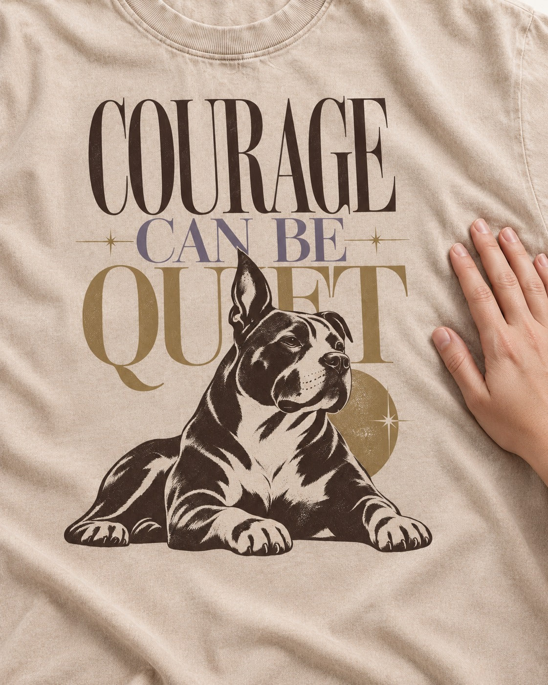 Pitbull Courage Can Be Quiet Washed Tee in Apricot, close-up of the graphic