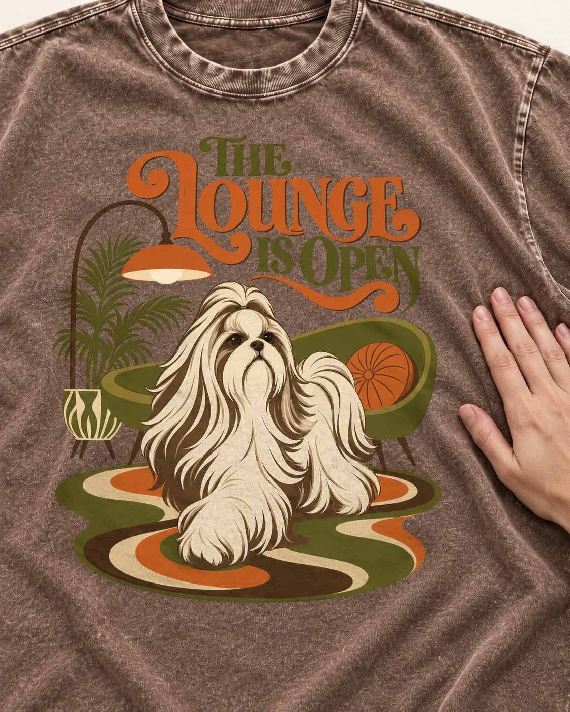 The Shih Tzu Lounge Is Open Washed Tee in Coffee, close-up of the graphic