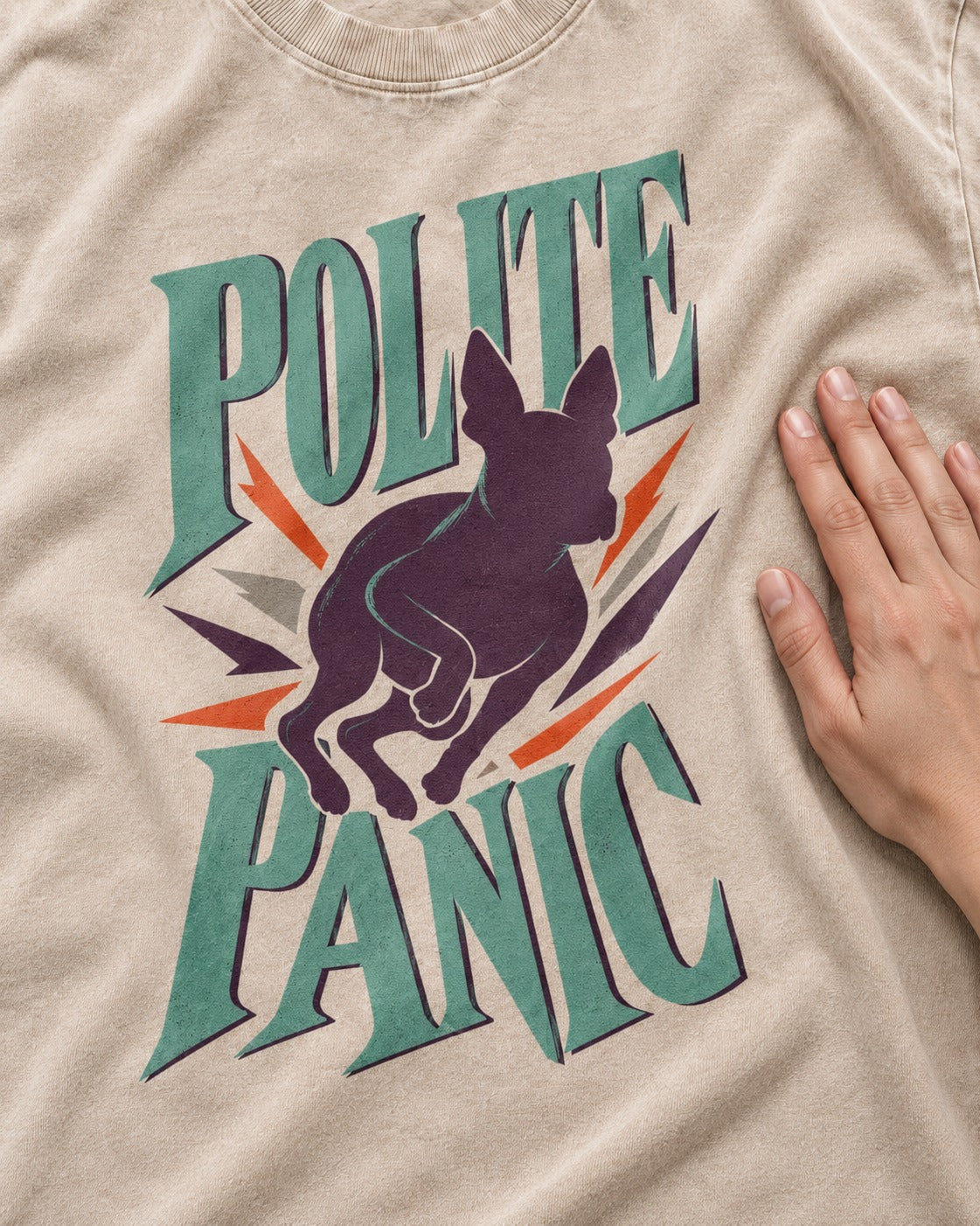 Polite Panic Boston Terrier Washed Tee in Apricot, close-up of the graphic