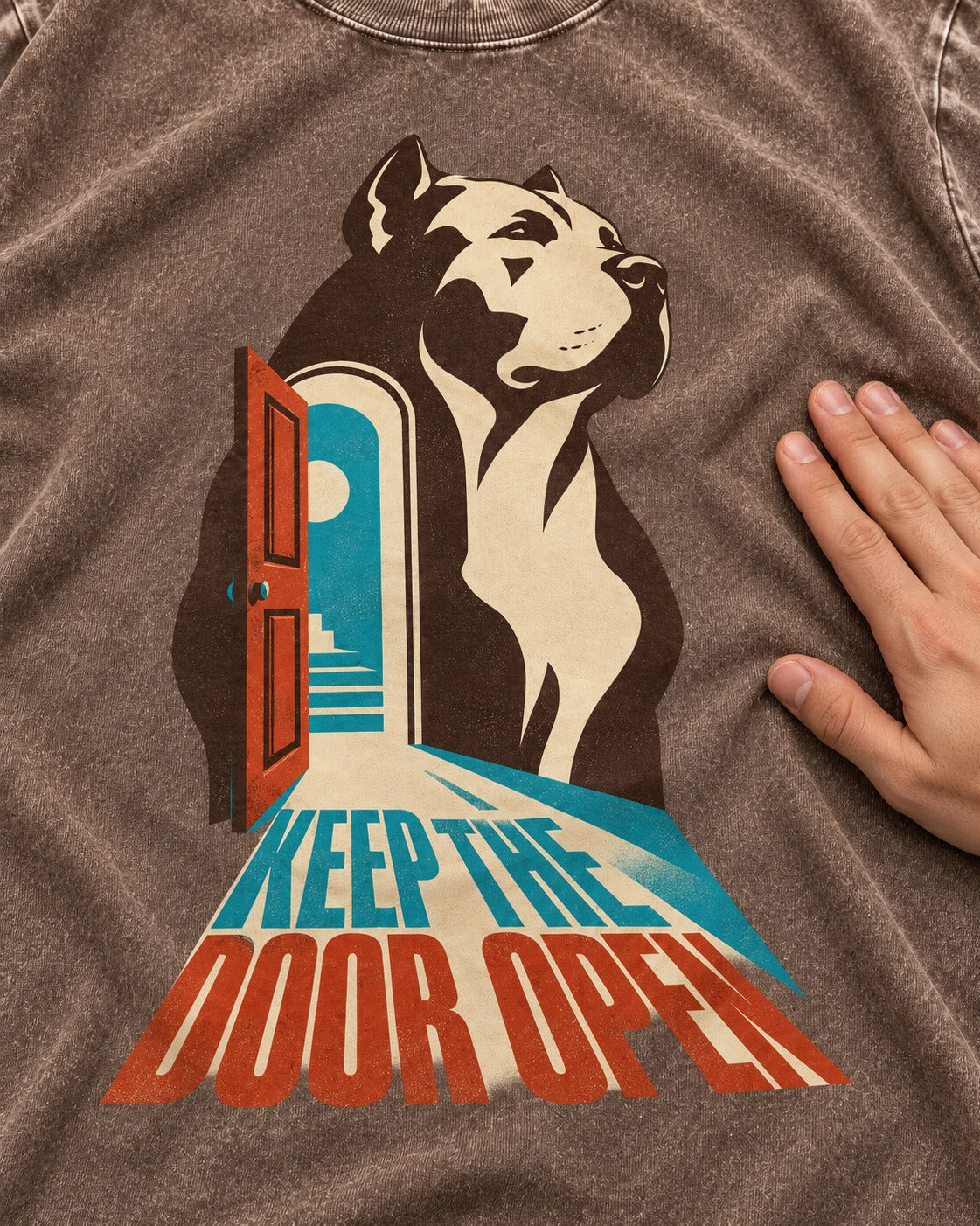 Keep the Door Open Pitbull Washed Tee in Coffee, close-up of the graphic