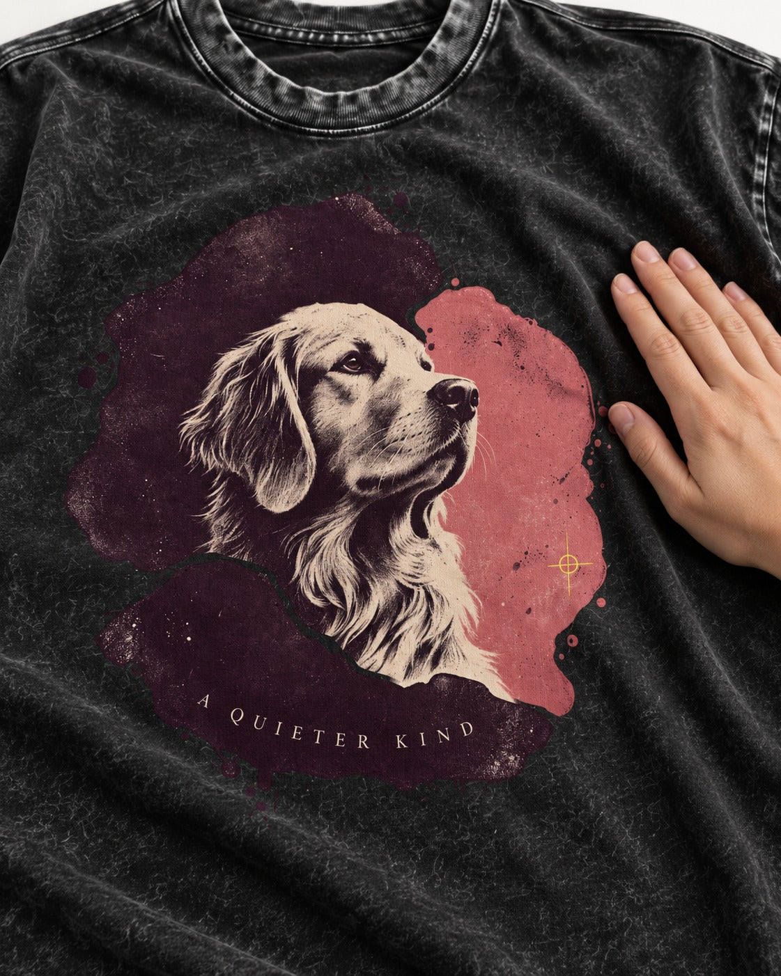 Golden Retriever A Quieter Kind Ink Wash Portrait Graphic Washed Tee in Black, close-up of the graphic