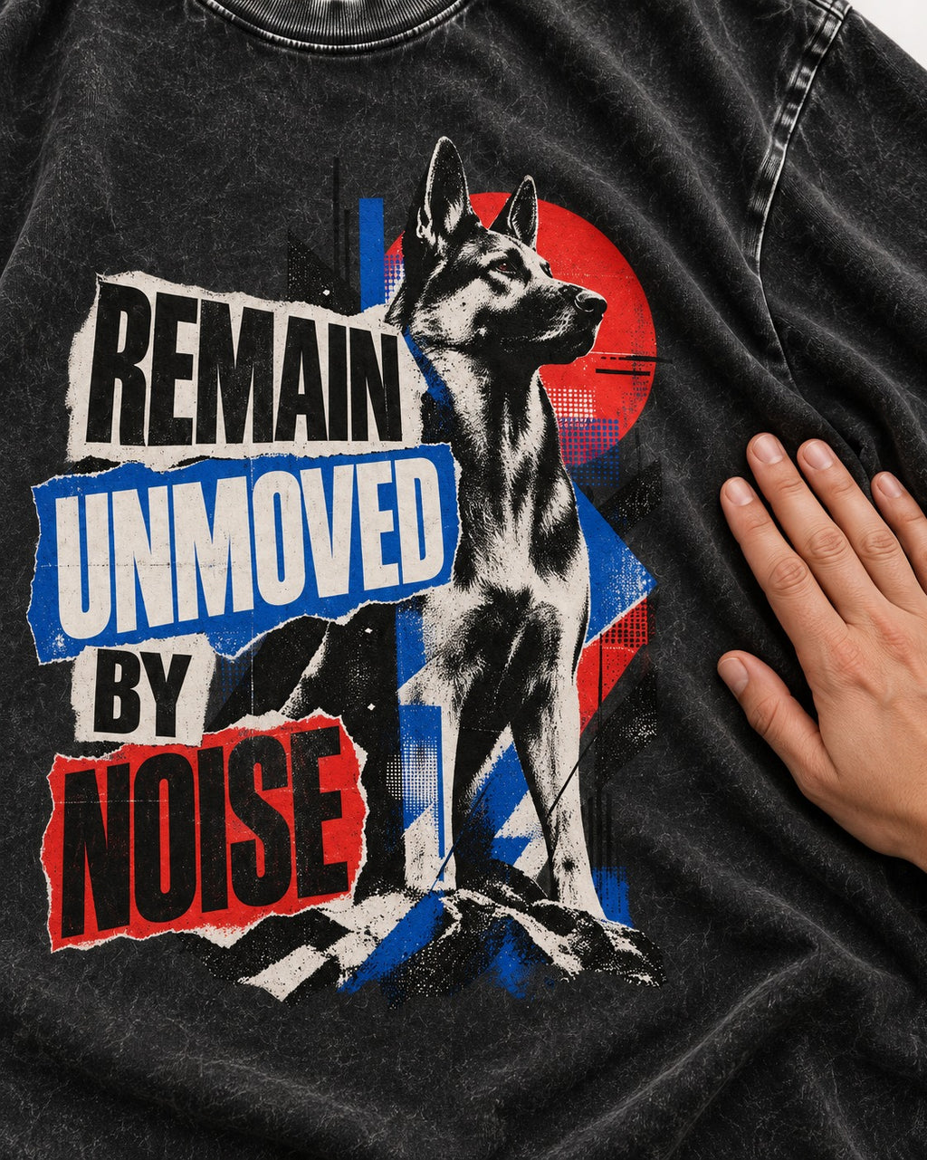 Remain Unmoved By Noise Brutalist Collage German Shepherd Dog Graphic Washed Tee in Black, close-up of the graphic