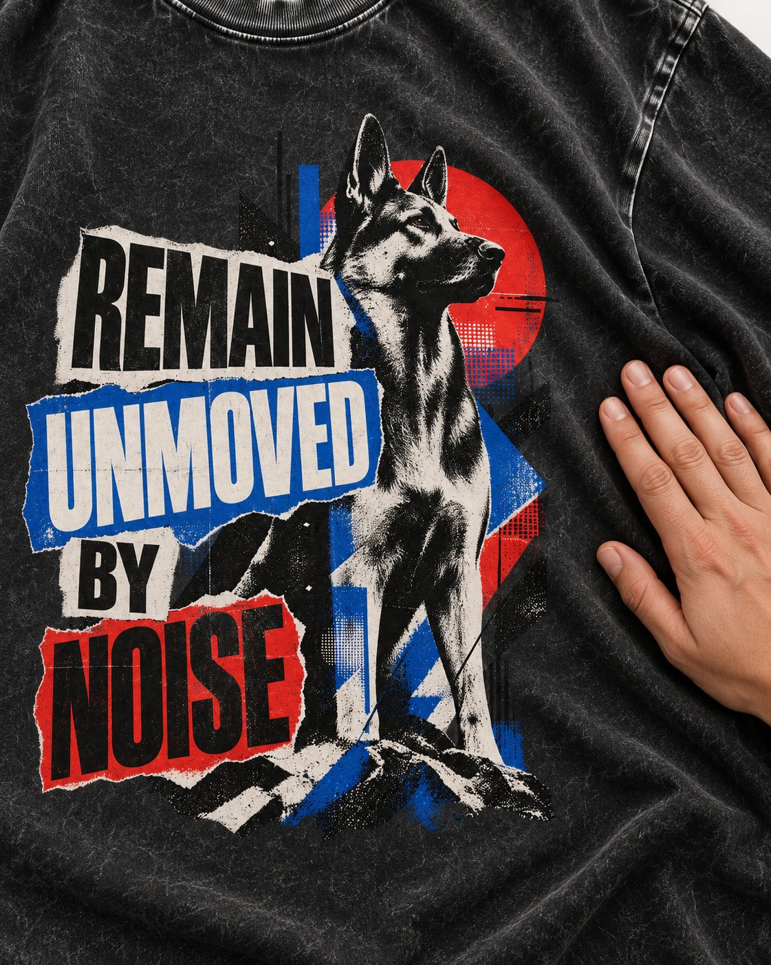 Remain Unmoved By Noise Brutalist Collage German Shepherd Dog Graphic Washed Tee in Black, close-up of the graphic