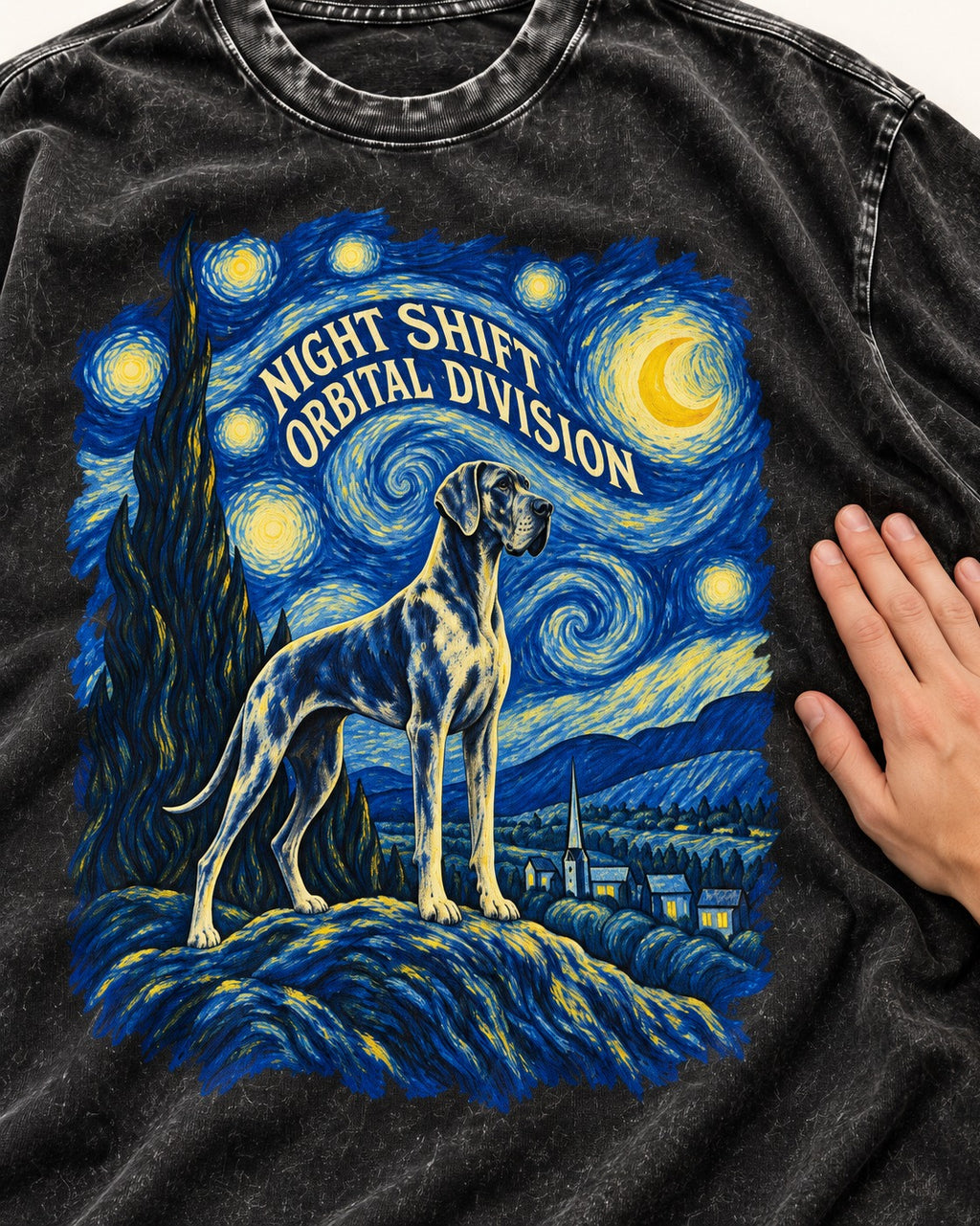 Great Dane Night Shift Orbital Division Starry Sky Graphic Washed Tee in Black, close-up of the graphic