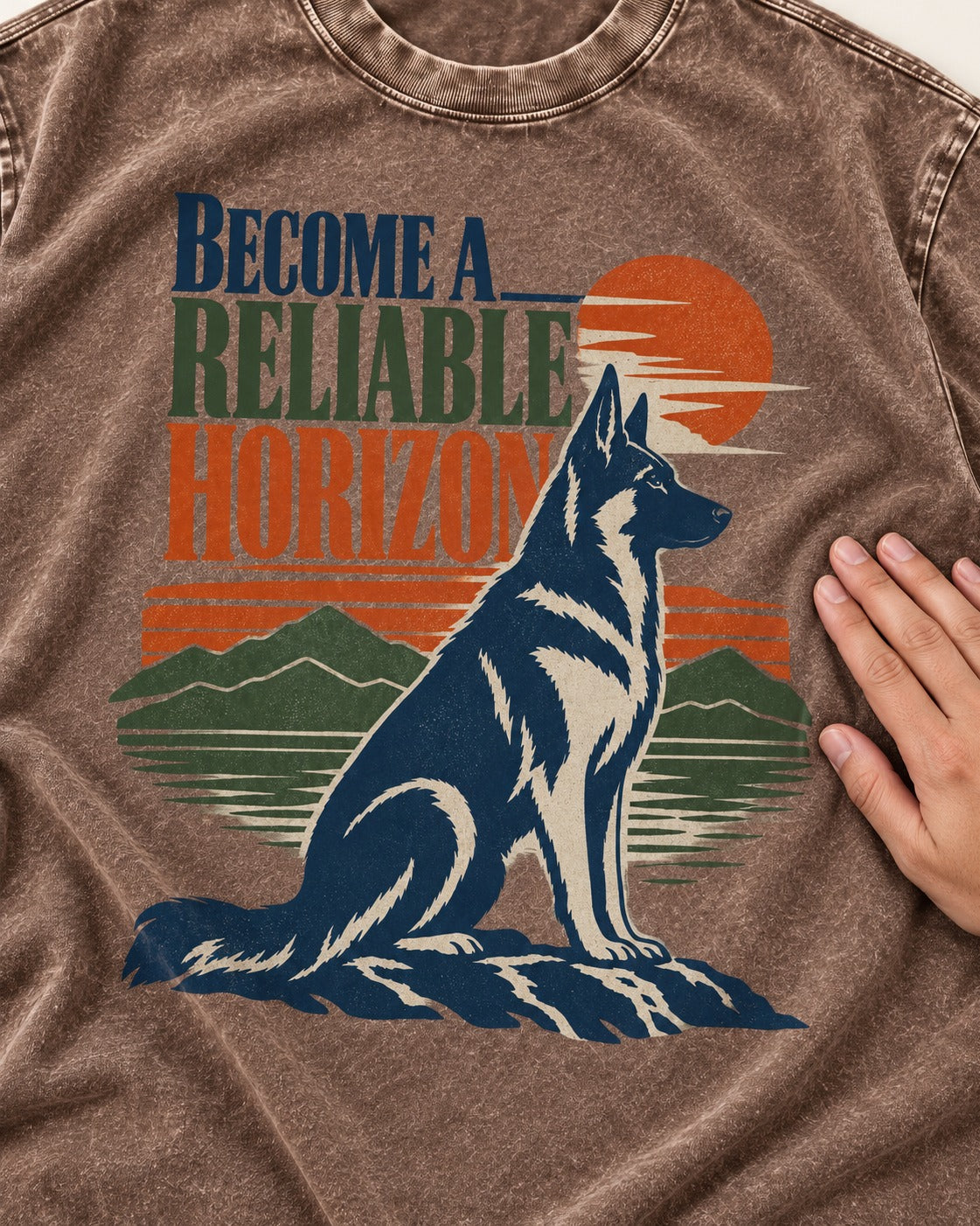 German Shepherd Dog Become a Reliable Horizon Washed Tee in Coffee, close-up of the graphic