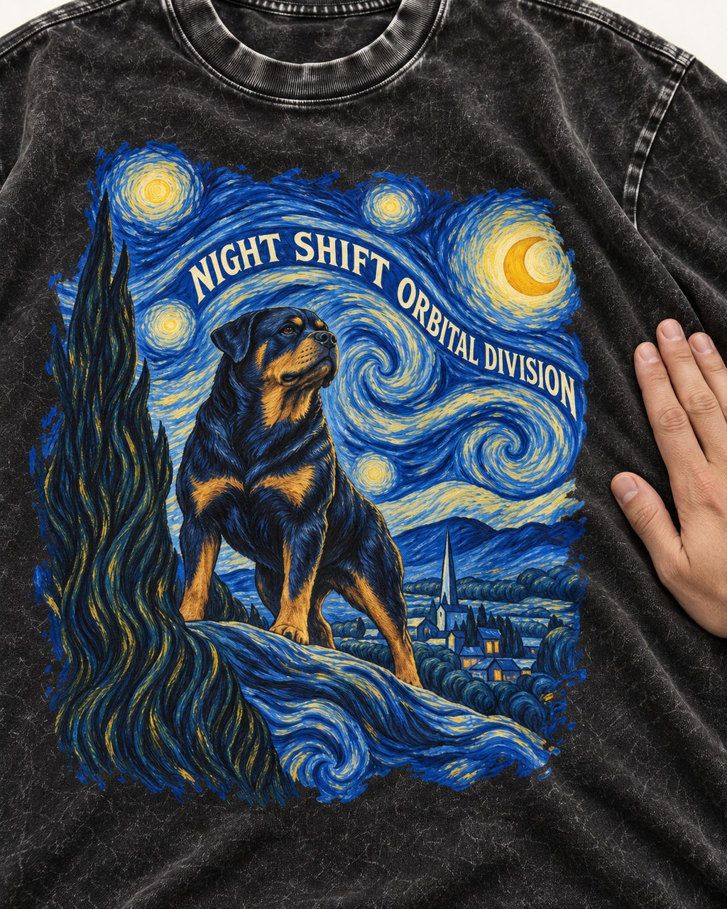 Rottweiler Night Shift Orbital Division Starry Night Graphic Washed Tee in Black, close-up of the graphic