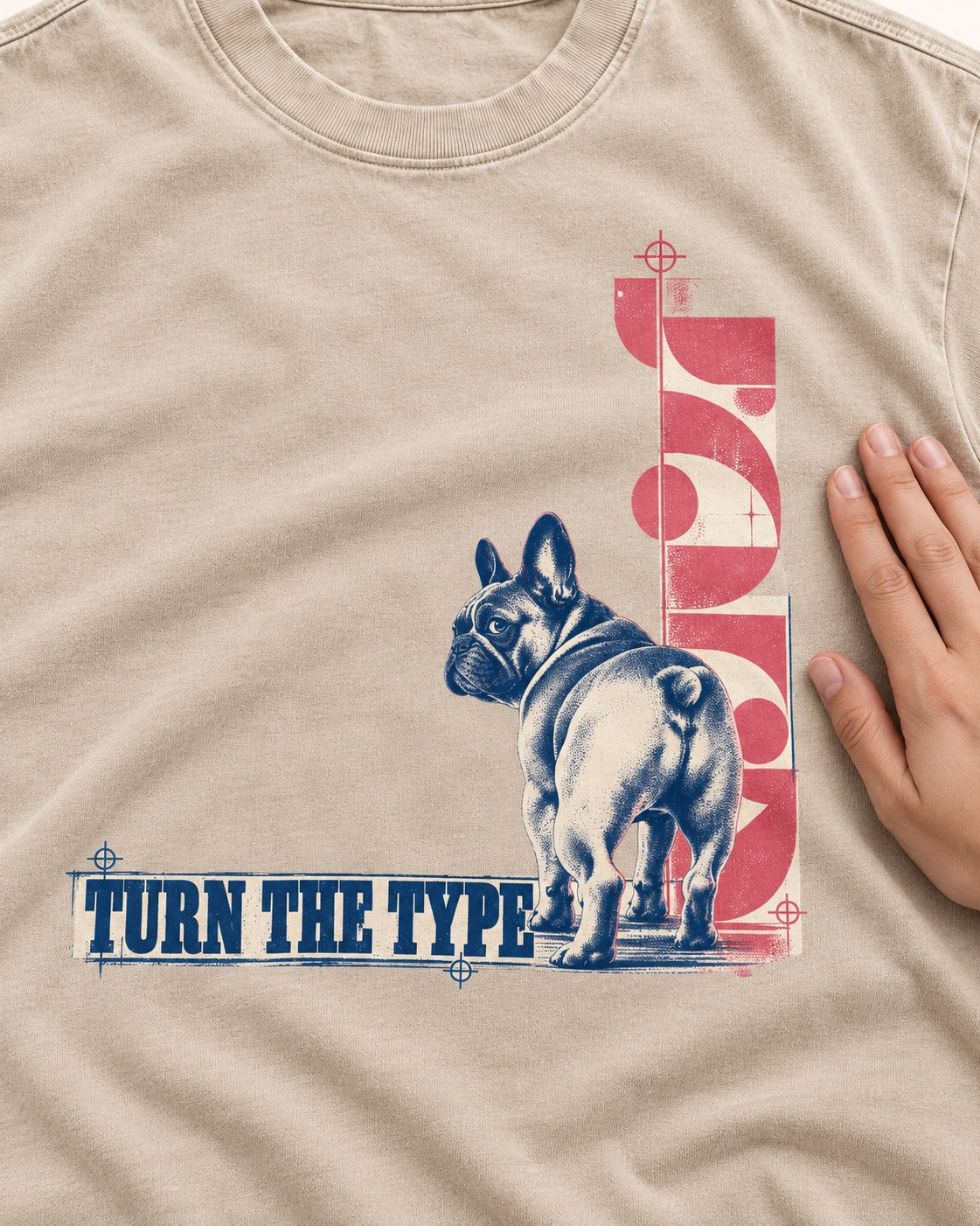 Frenchie Turn the Type Washed Tee in Apricot, close-up of the graphic