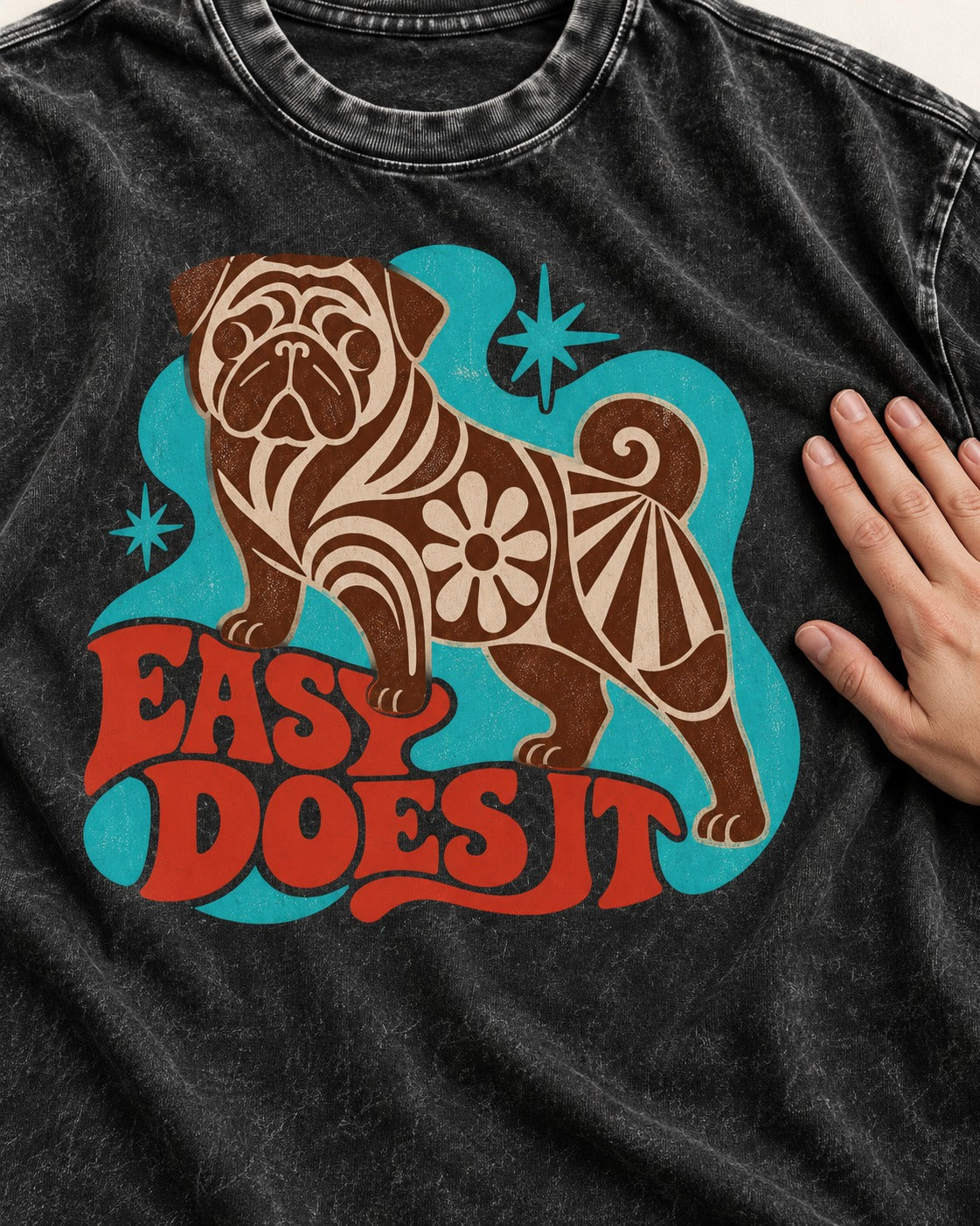 Pug Easy Does It Retro Floral Graphic Washed Tee in Black, close-up of the graphic