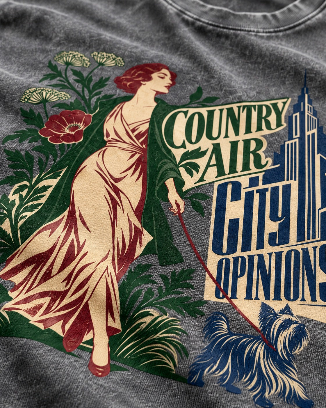 Yorkshire Terrier Country Air City Opinions Botanical Graphic Washed Tee in Gray, close-up of the graphic