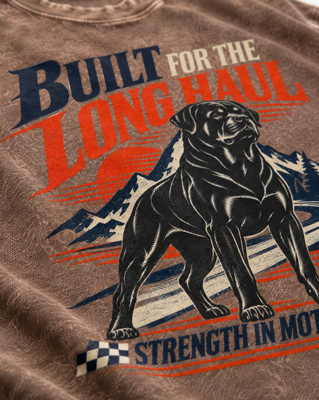 Built for the Long Haul Rottweiler Strength in Motion Washed Tee in Coffee, close-up of the graphic