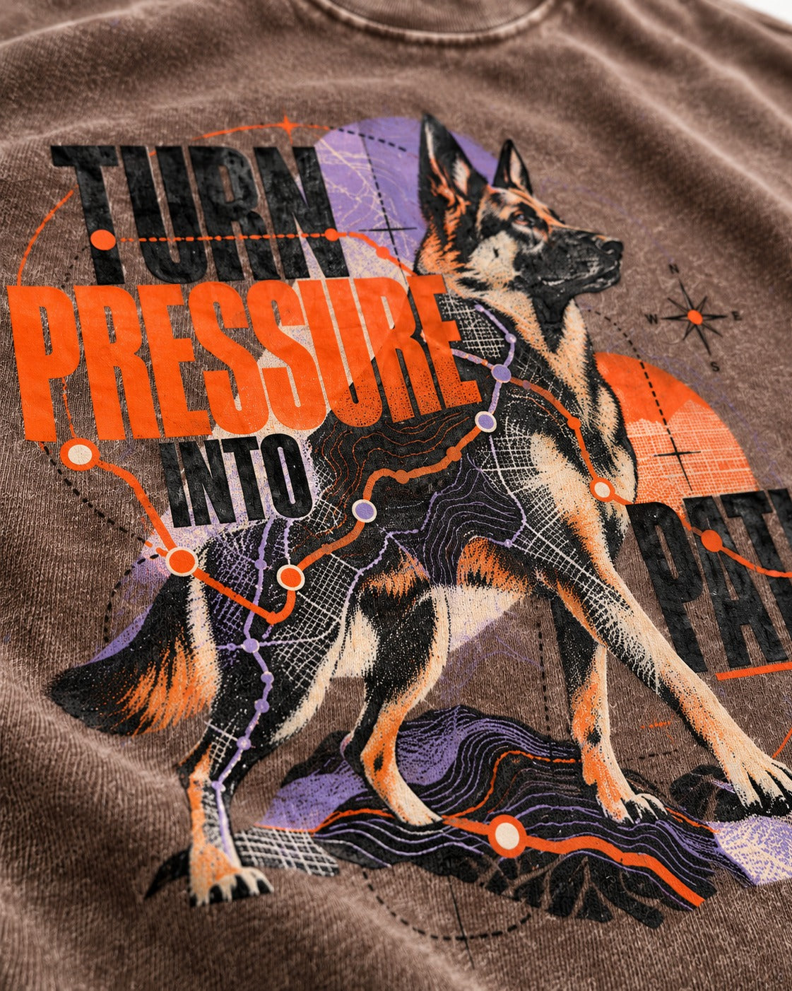 Turn Pressure Into Path German Shepherd Dog Washed Tee in Coffee, close-up of the graphic