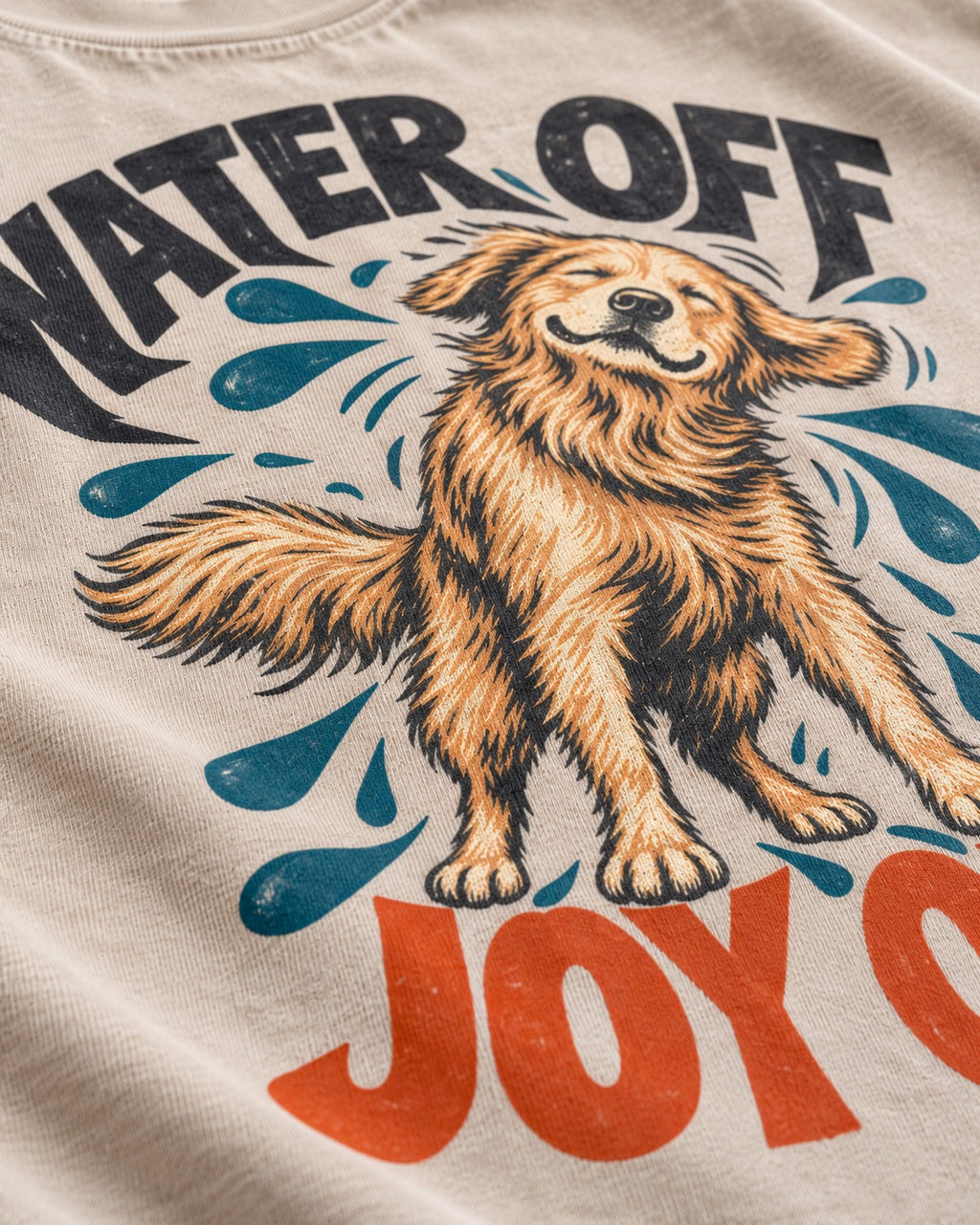 Water Off Joy on Golden Retriever Washed Tee in Apricot, close-up of the graphic