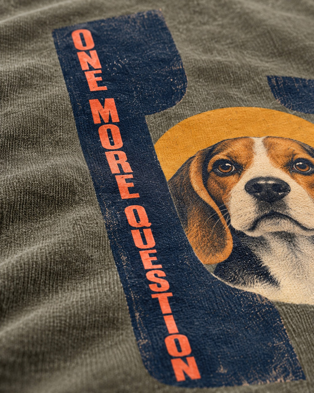 One More Question Beagle Modernist Washed Tee in Army Green, close-up of the graphic