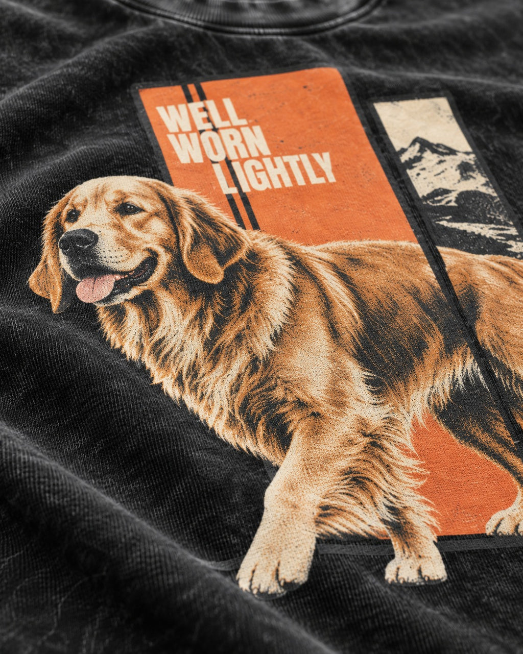 Golden Retriever Well Worn Lightly Mountain Graphic Washed Tee in Black, close-up of the graphic