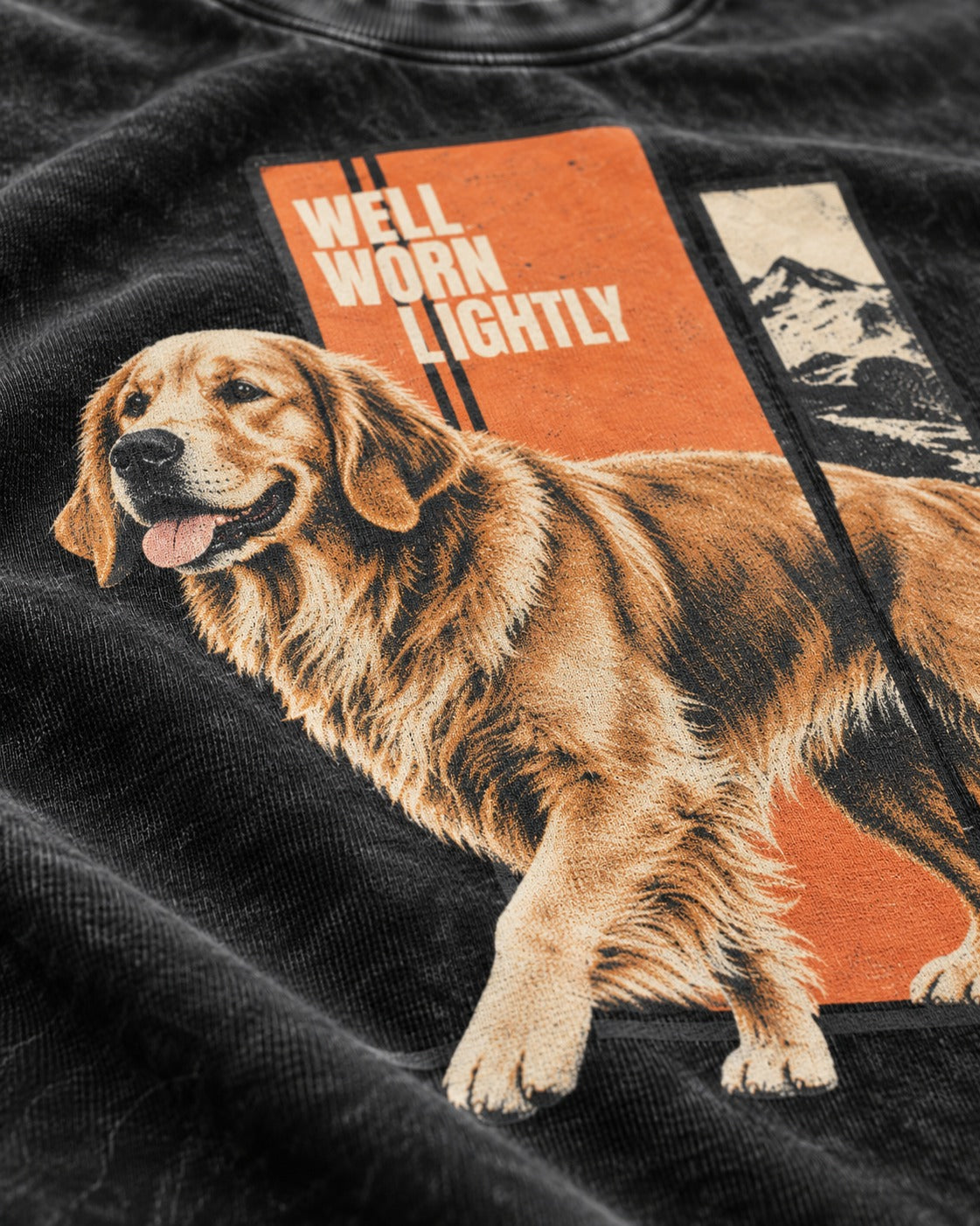 Golden Retriever Well Worn Lightly Mountain Graphic Washed Tee in Black, close-up of the graphic