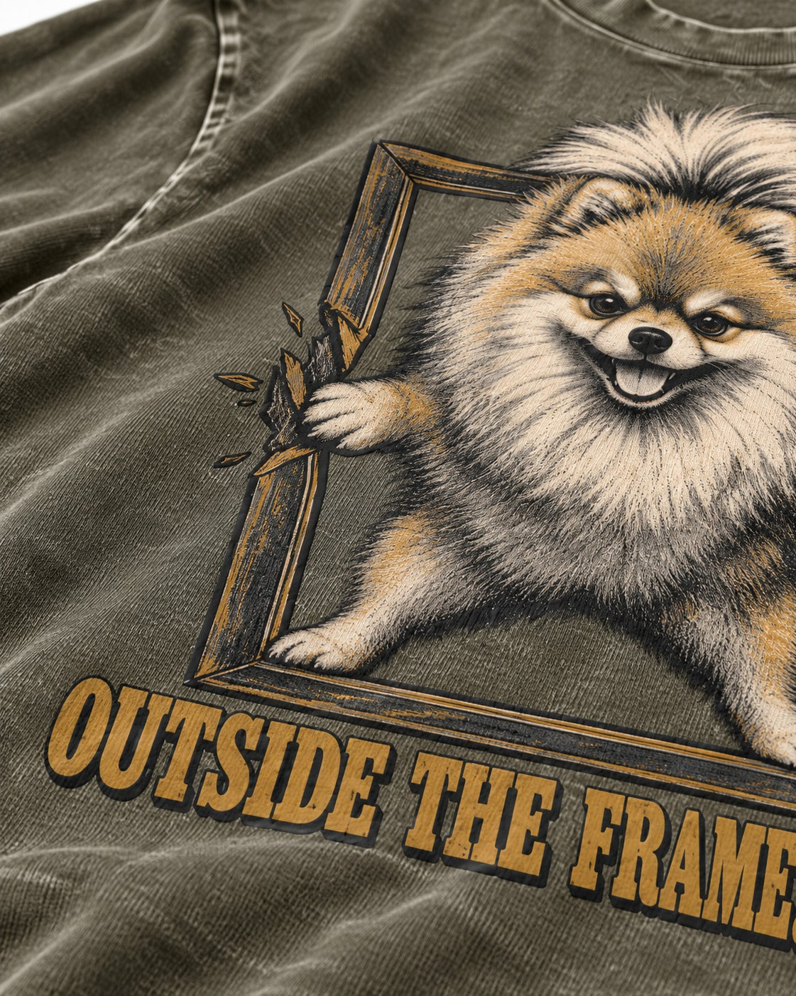 Pomeranian Outside the Frame Breakthrough Graphic Washed Tee in Army Green, close-up of the graphic