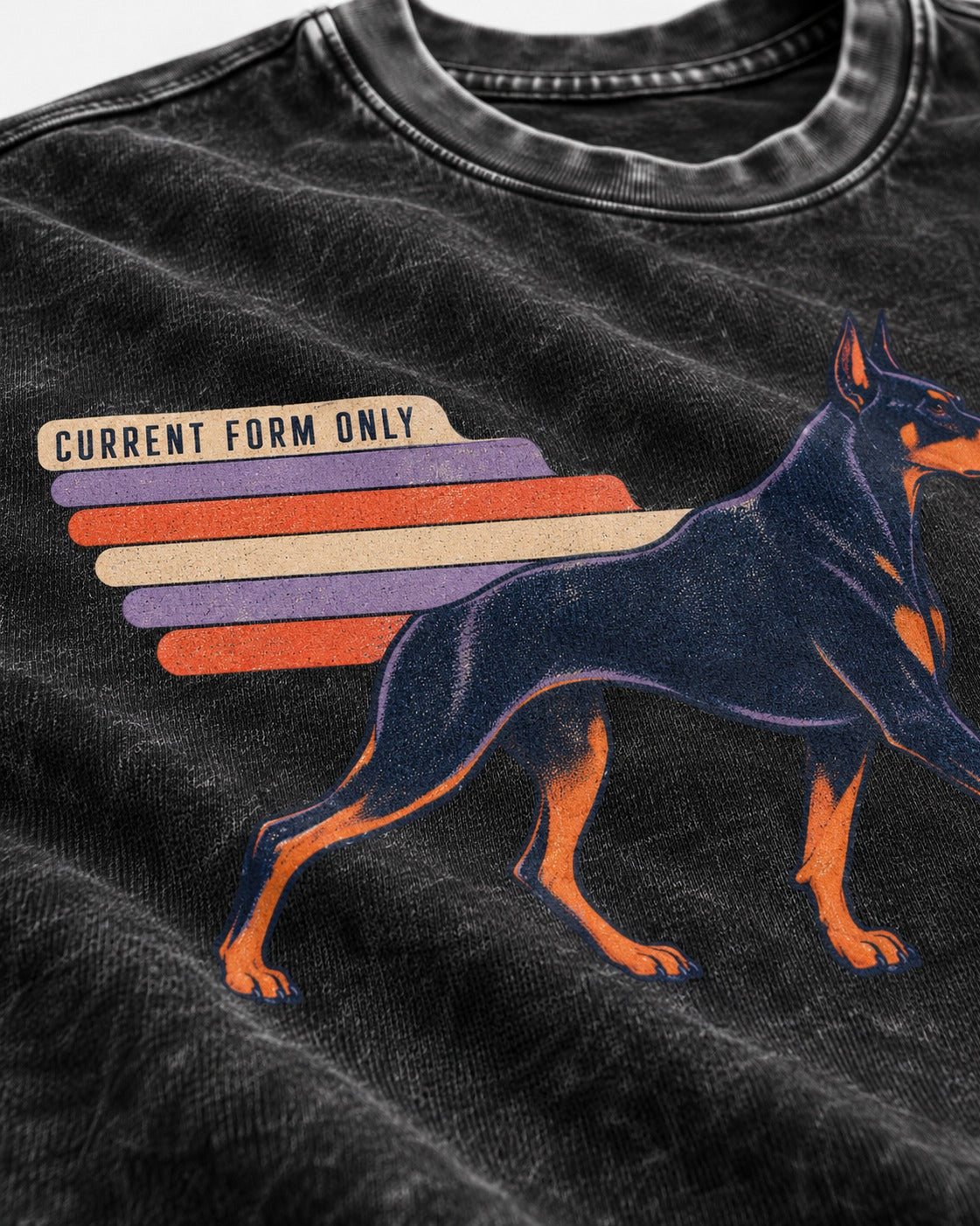 Doberman Current Form Only Speed Bars Graphic Washed Tee in Black, close-up of the graphic
