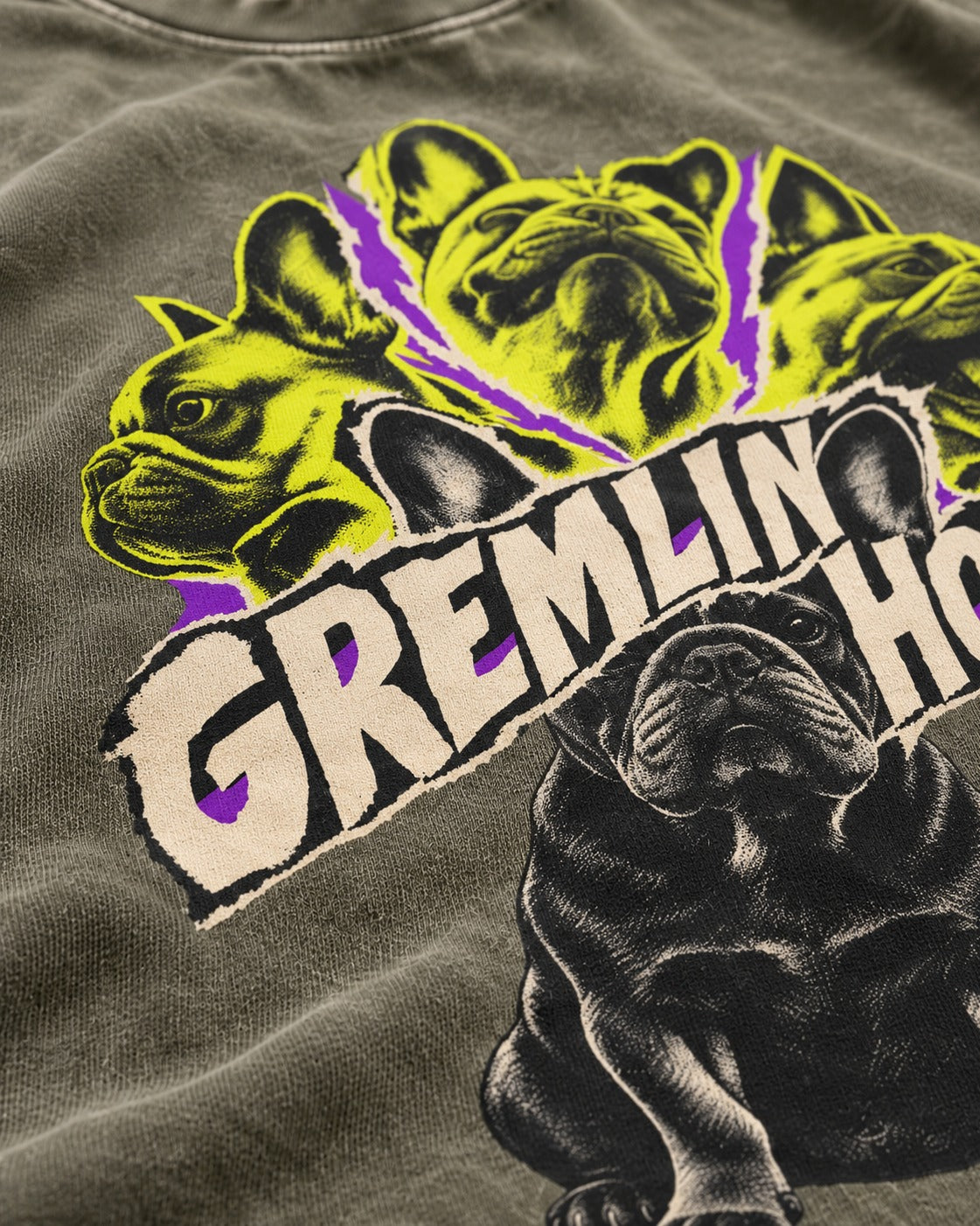 Frenchie Gremlin Hour Multi Portrait Graphic Washed Tee in Army Green, close-up of the graphic