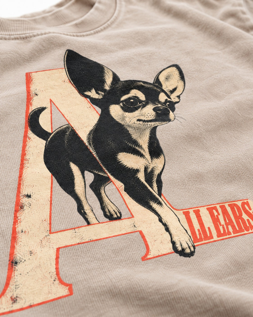 All Ears Chihuahua Washed Tee in Apricot, close-up of the graphic