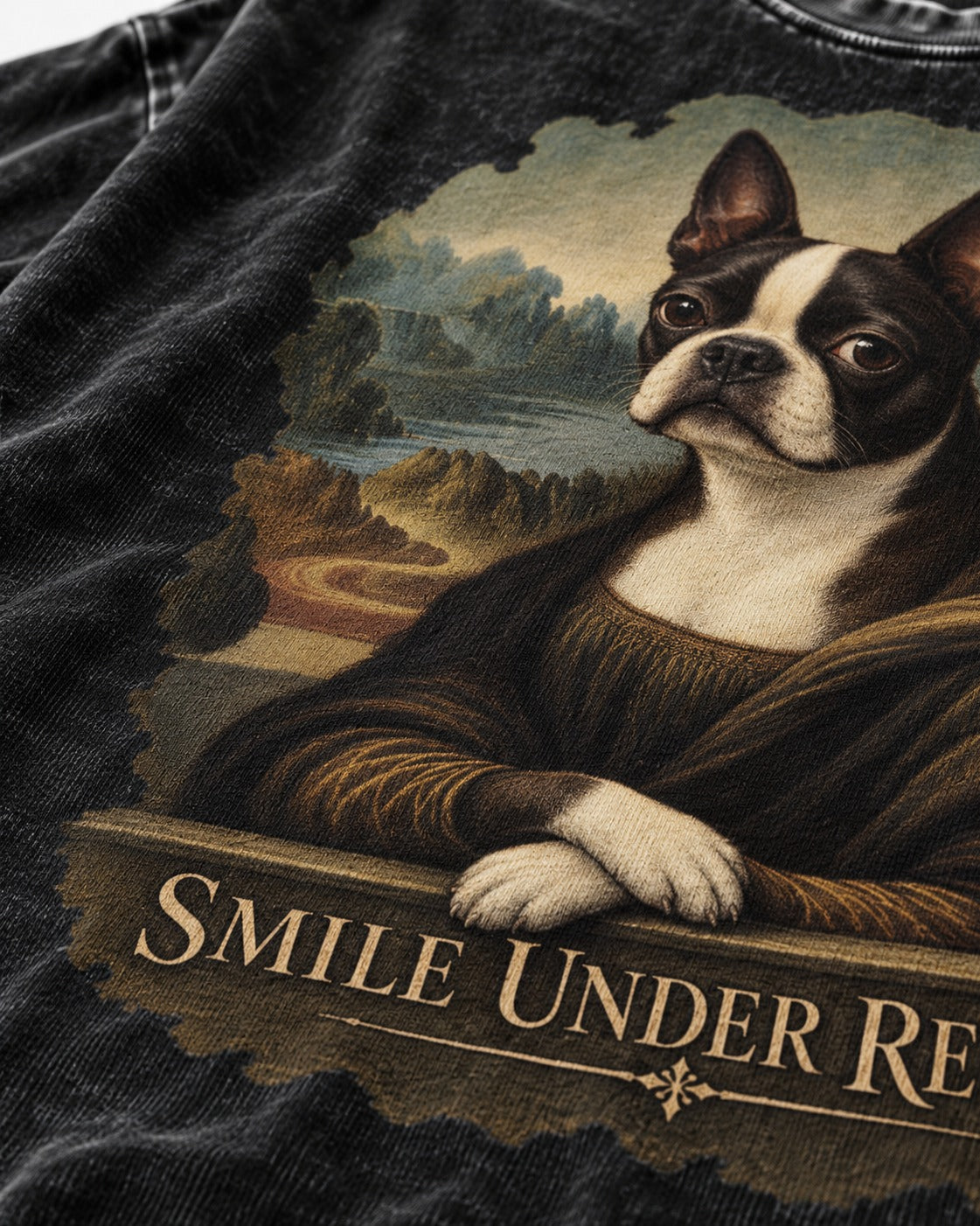 Smile Under Review Boston Terrier Mona Lisa Portrait Washed Tee in Black, close-up of the graphic