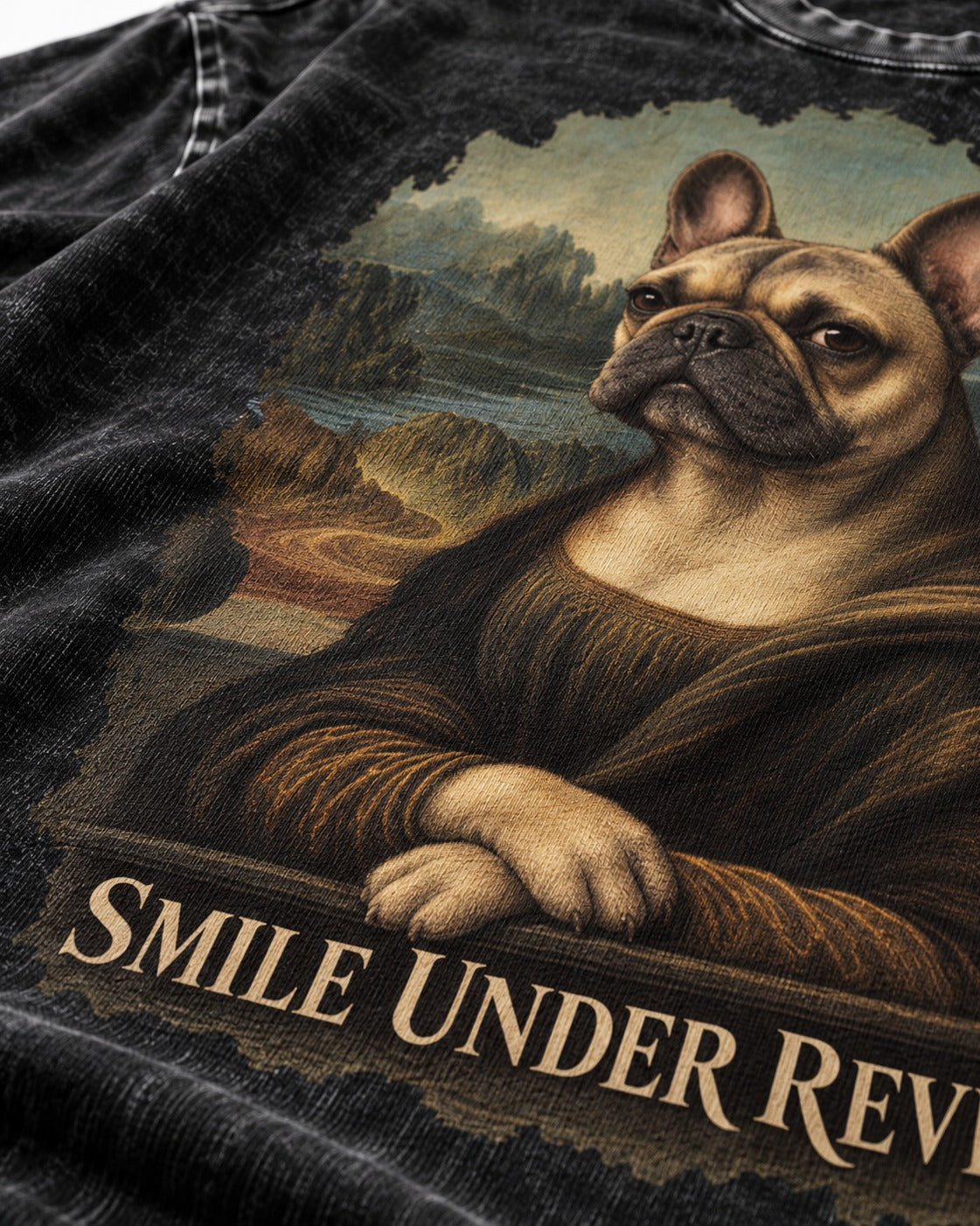Frenchie Smile Under Review Renaissance Portrait Washed Tee in Black, close-up of the graphic