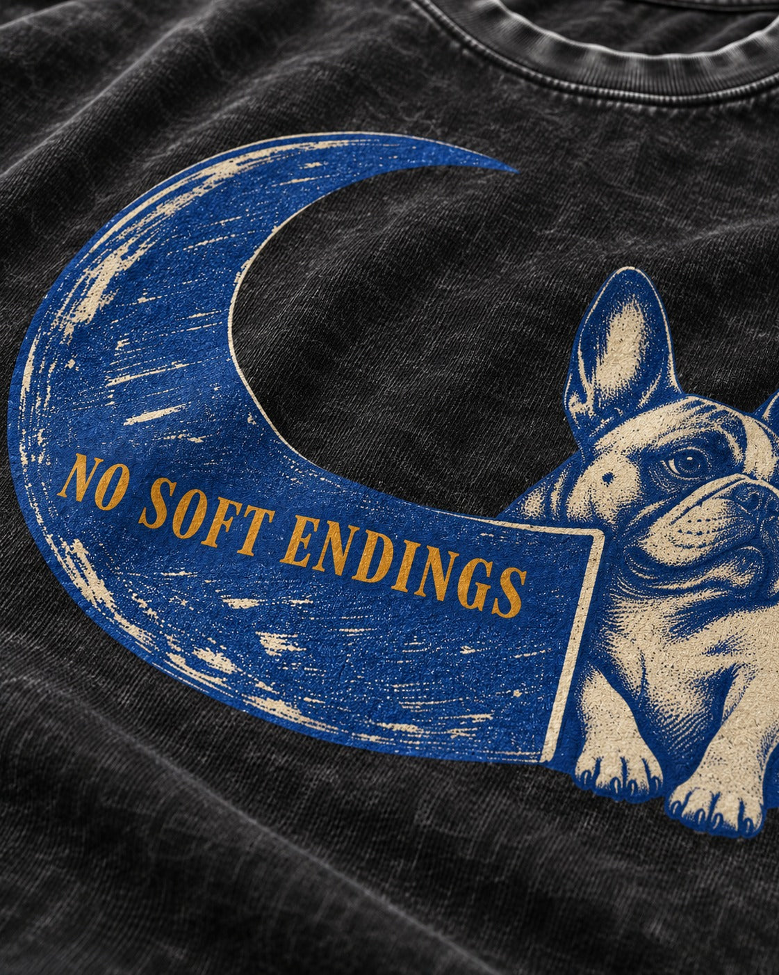 Frenchie No Soft Endings Crescent Graphic Washed Tee in Black, close-up of the graphic