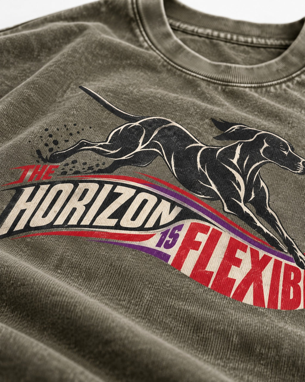 German Shorthaired Pointer The Horizon Is Flexible Racing Ribbon Graphic Washed Tee in Army Green, close-up of the graphic