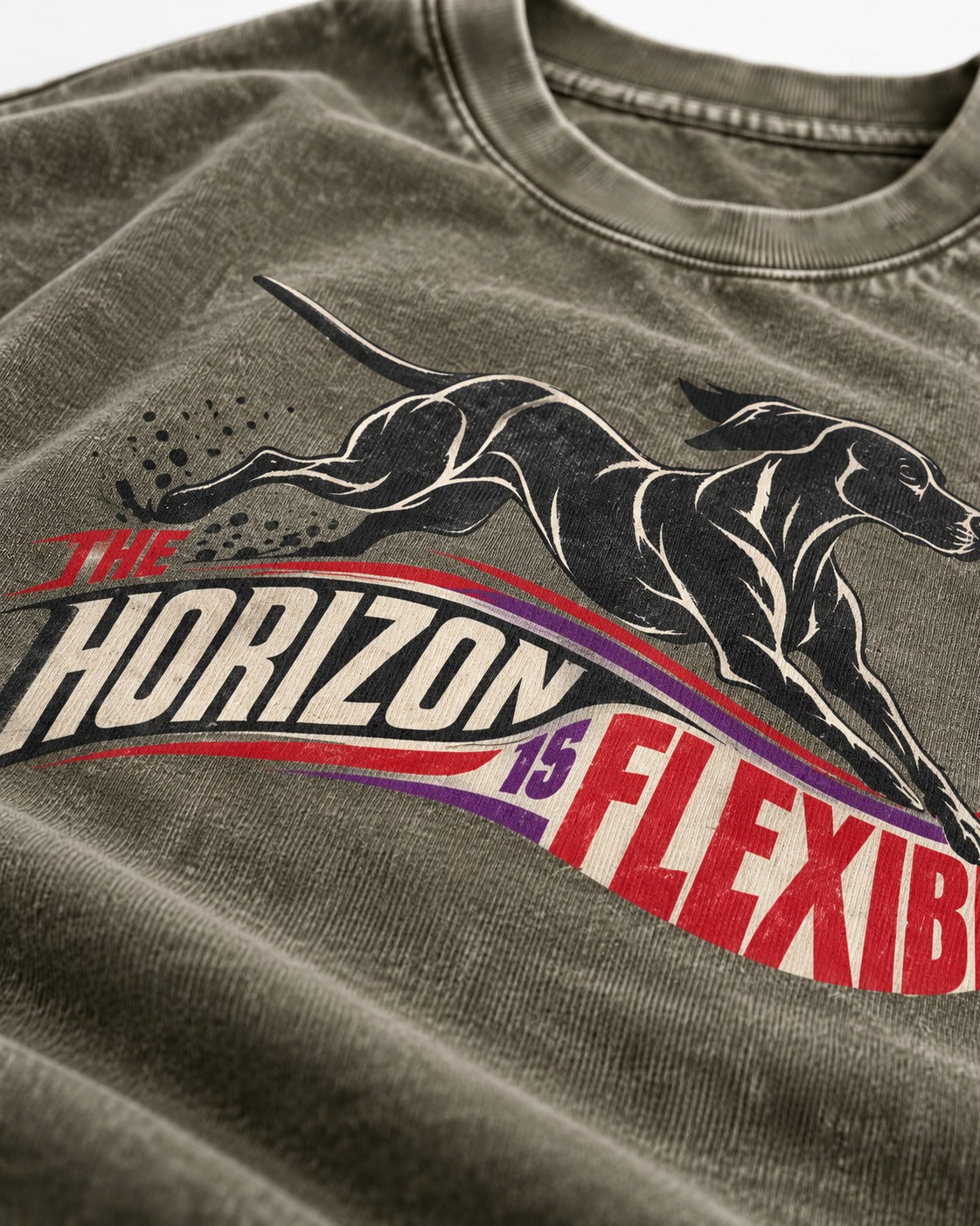 German Shorthaired Pointer The Horizon Is Flexible Racing Ribbon Graphic Washed Tee in Army Green, close-up of the graphic