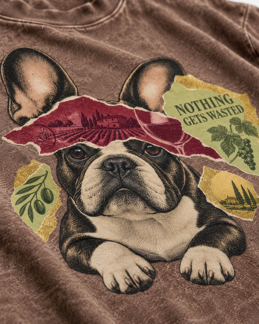 Nothing Gets Wasted with Frenchie Washed Tee in Coffee, close-up of the graphic