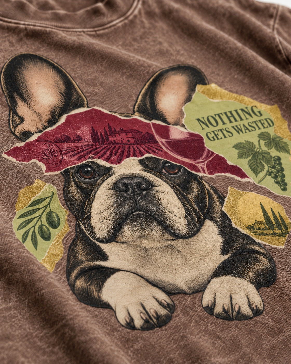 Nothing Gets Wasted with Frenchie Washed Tee in Coffee, close-up of the graphic