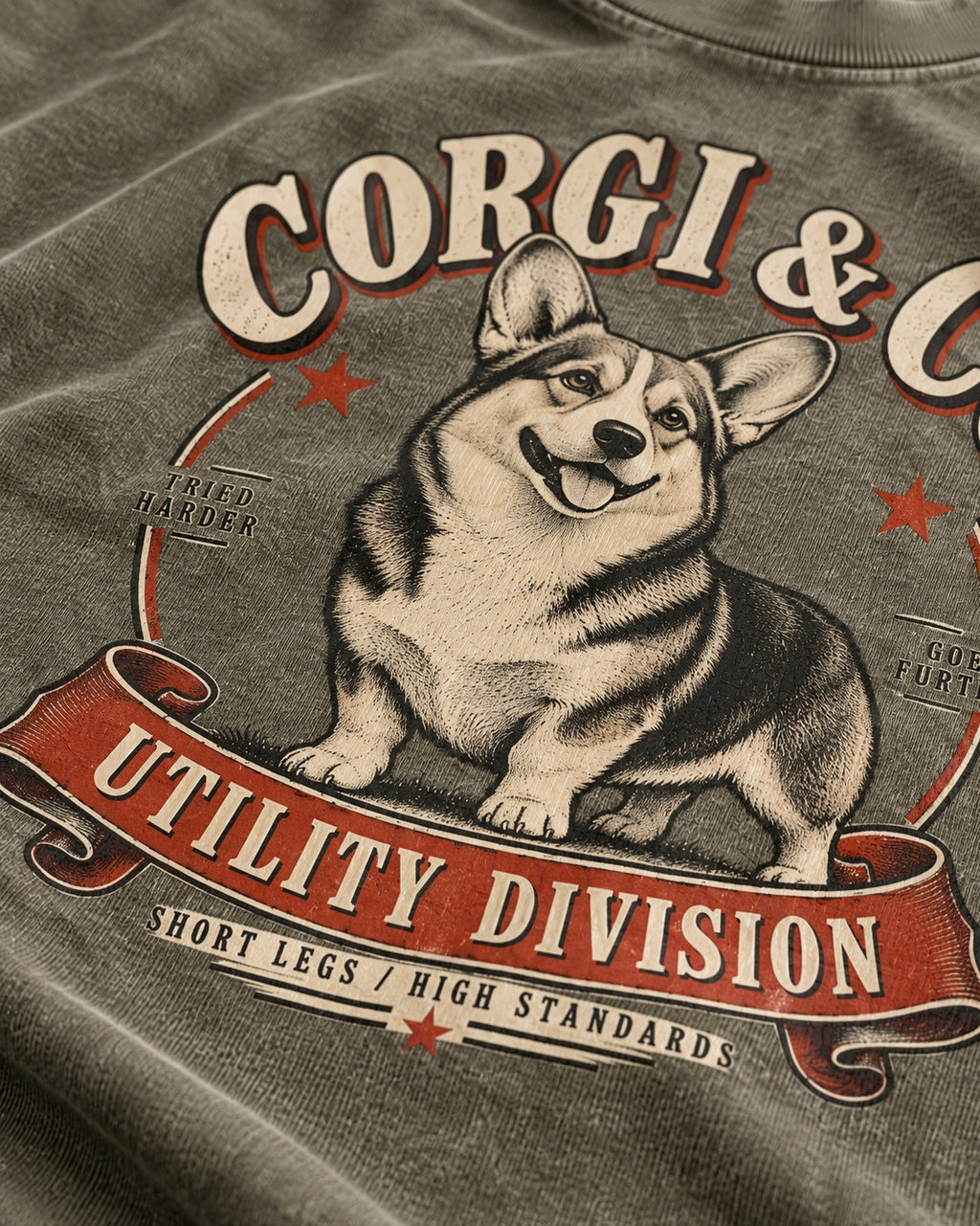 Corgi and Co Utility Division Emblem Washed Tee in Army Green, close-up of the graphic