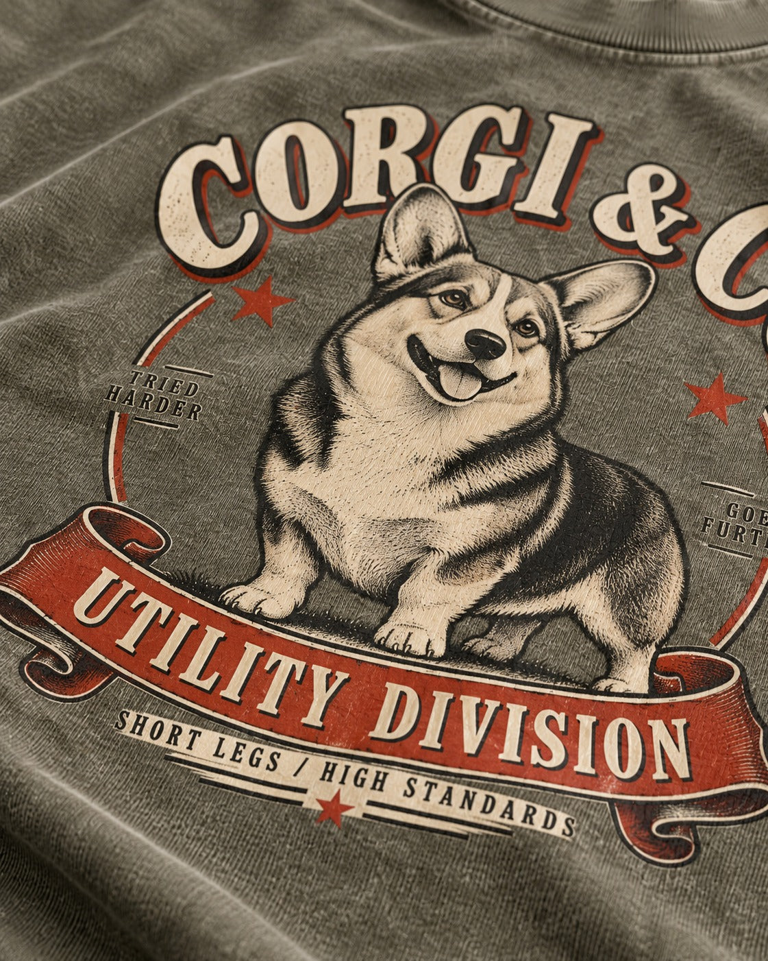 Corgi and Co Utility Division Emblem Washed Tee in Army Green, close-up of the graphic