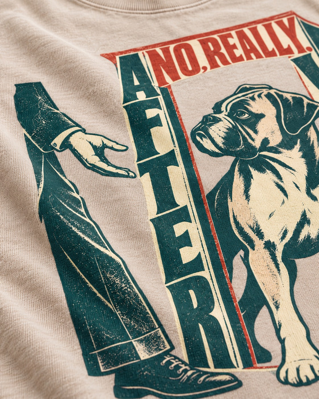 Boxer Says After You Washed Tee in Apricot, close-up of the graphic