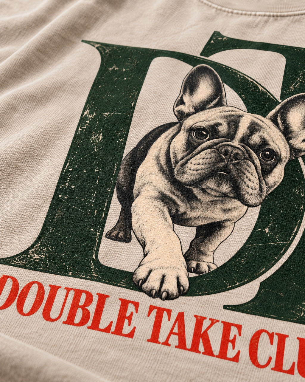 Frenchie Double Take Club Washed Tee in Apricot, close-up of the graphic