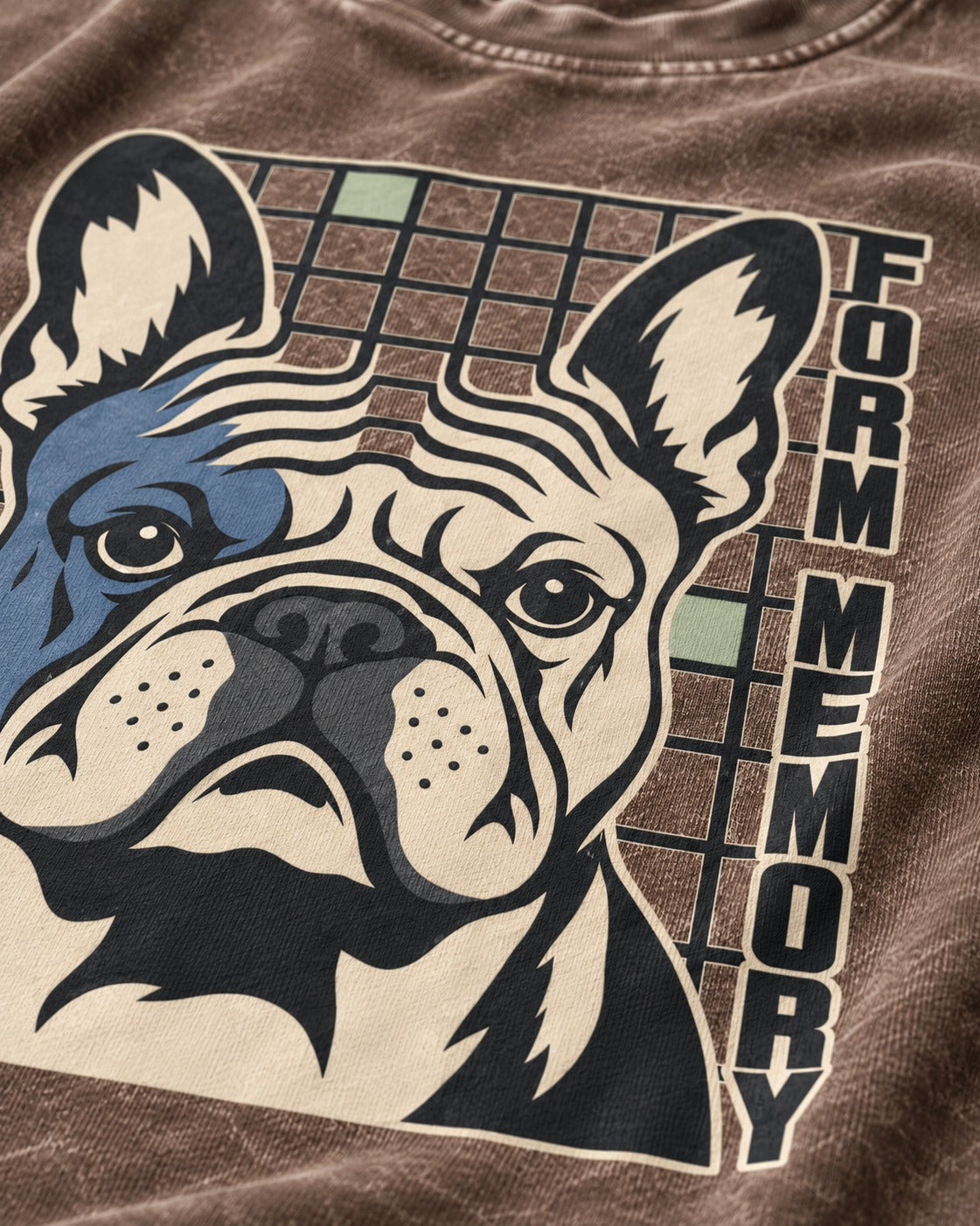 Form Memory Frenchie Washed Tee in Coffee, close-up of the graphic