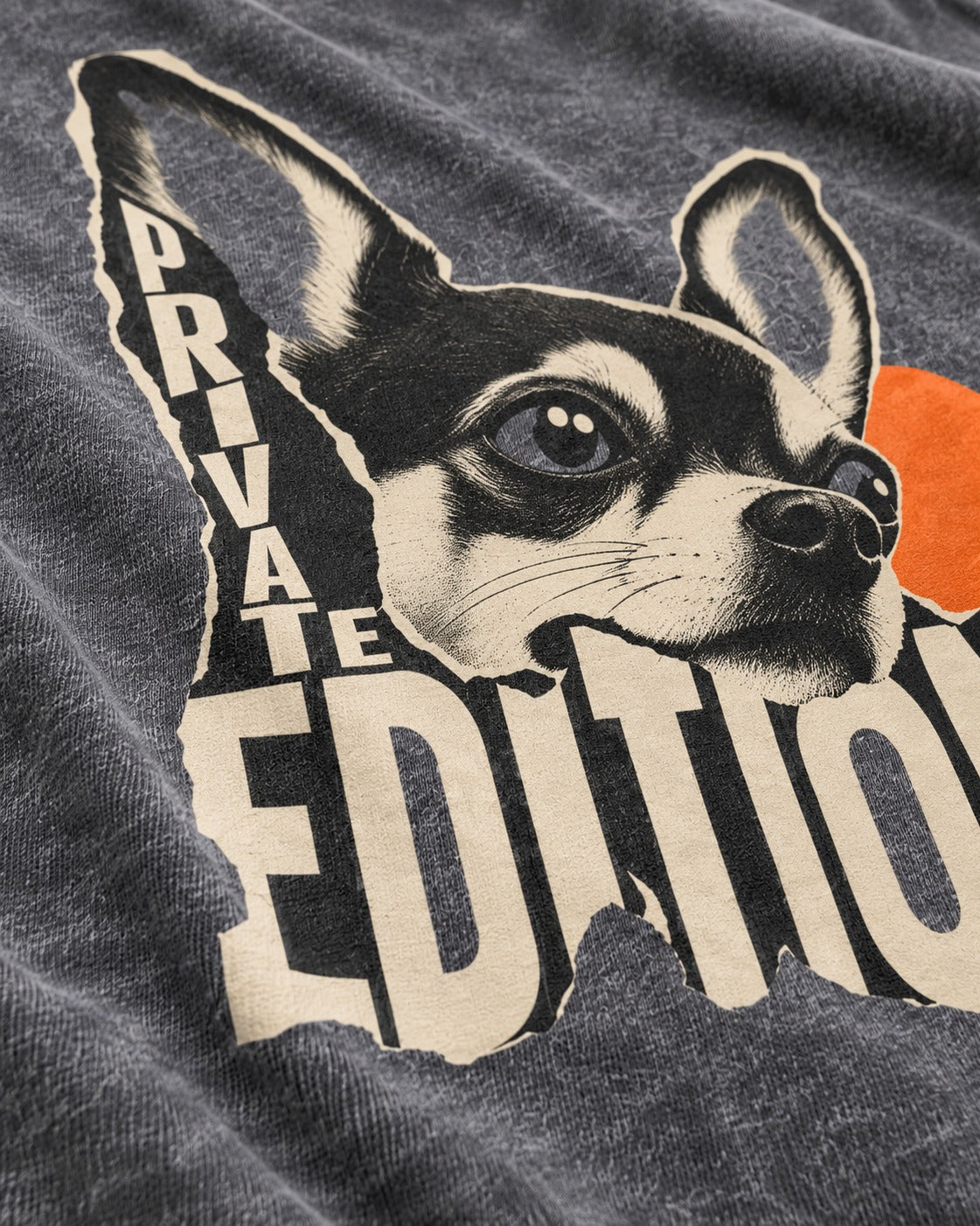 Chihuahua Private Edition Cut-Paper Portrait Washed Tee in Gray, close-up of the graphic