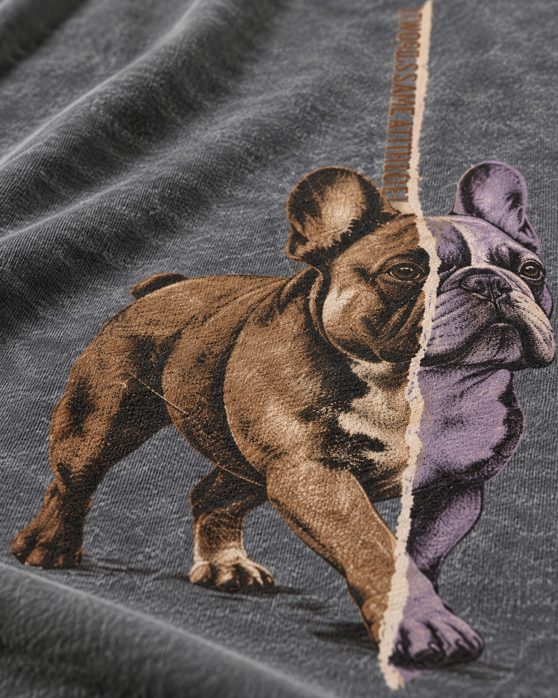 Frenchie Almost Symmetrical Torn Split Graphic Washed Tee in Gray, close-up of the graphic